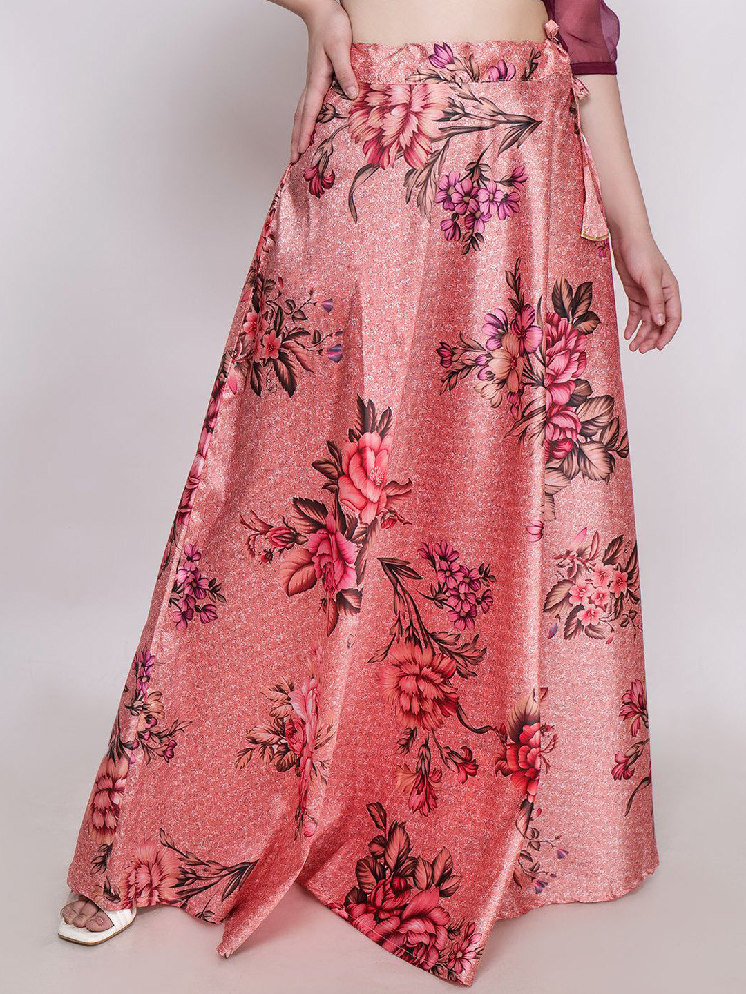 Frolic Rolic Peach & Purple Floral Print Silk Skirt