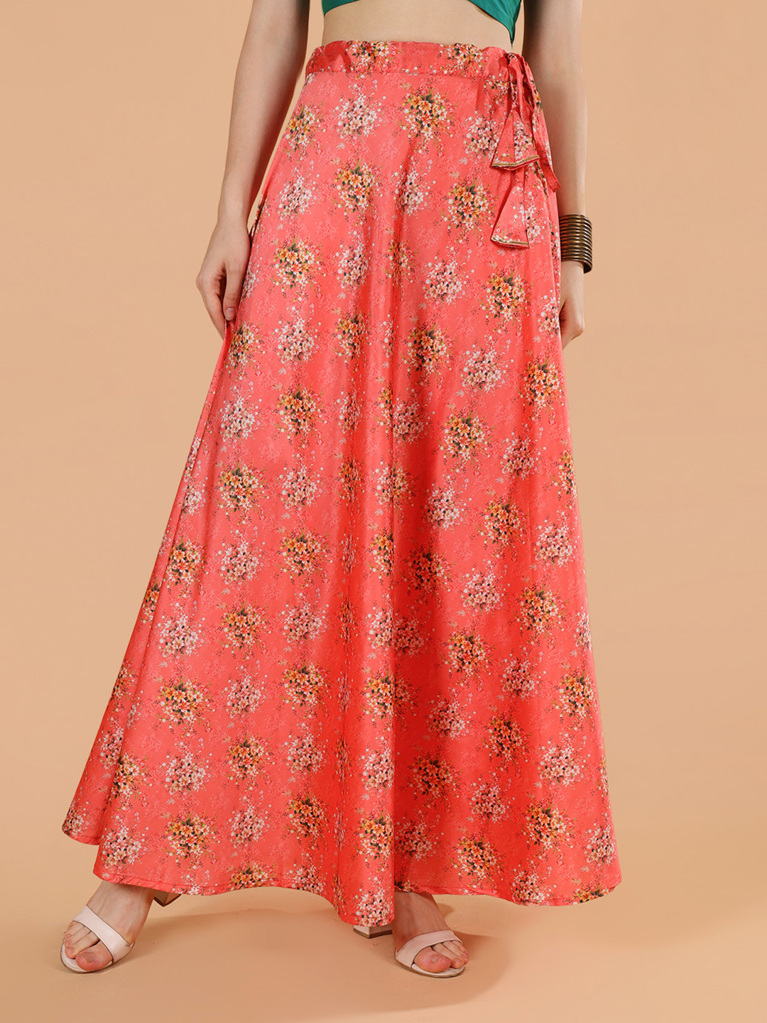 Frolic Rolic Orange Floral Print Silk Maxi Skirt