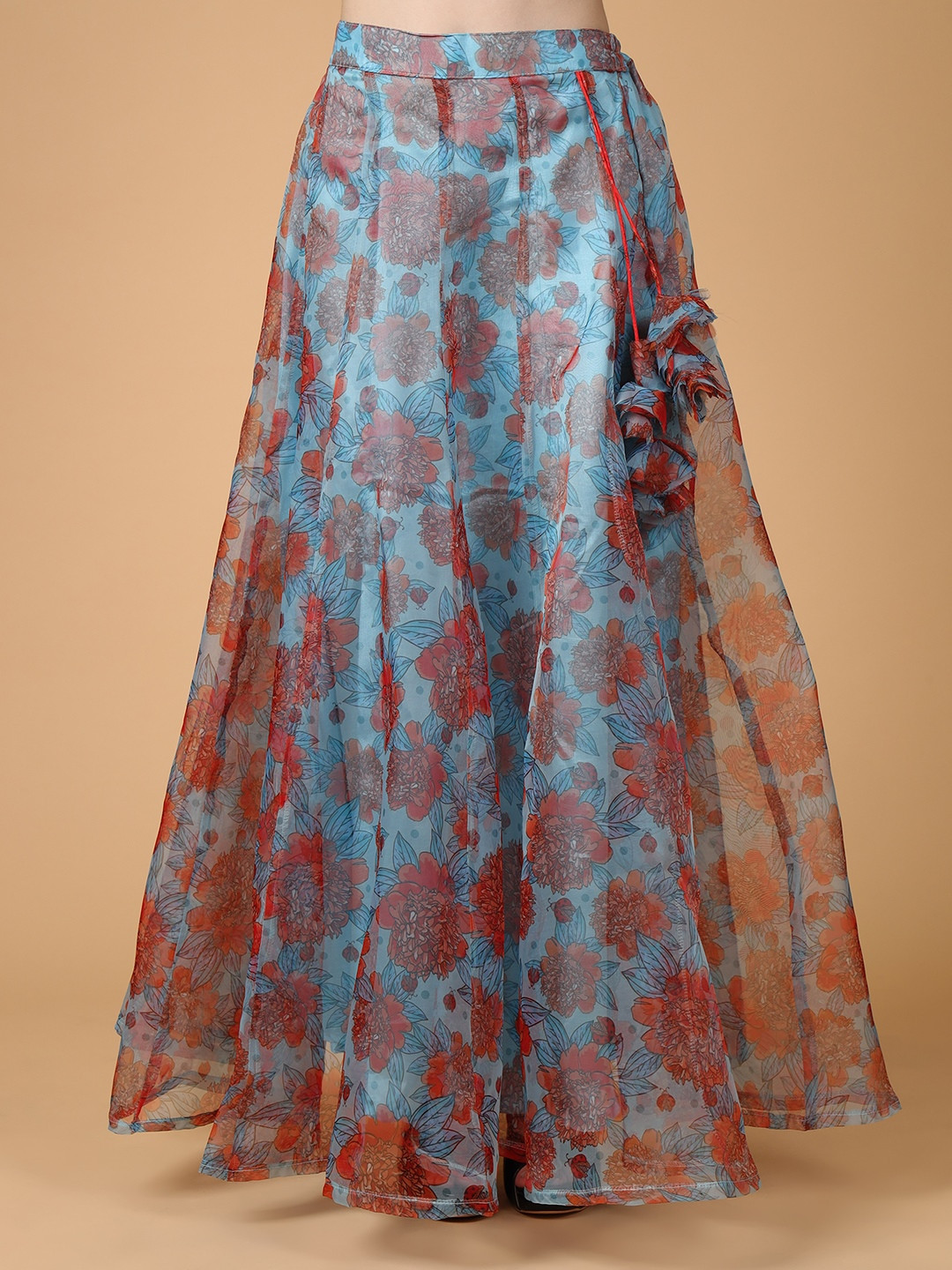Frolic Rolic Blue Floral Printed Organza Maxi Skirt