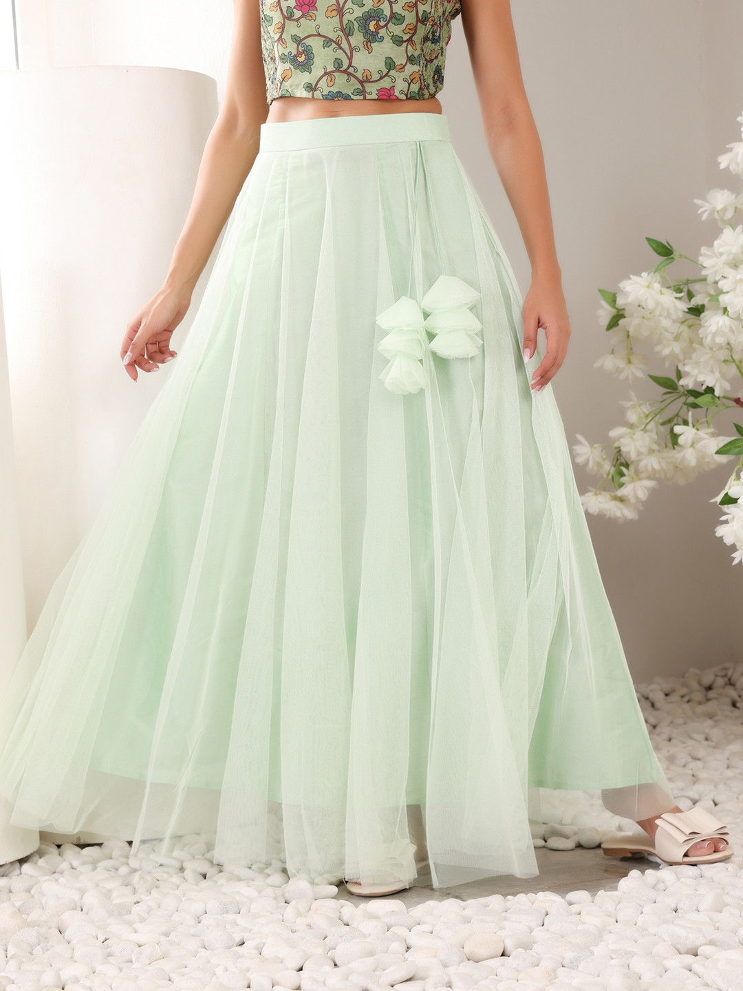 Frolic Rolic Pista Green Solid Net Maxi Skirt