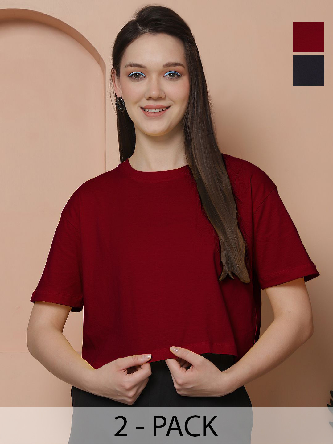 Friskers Women Pack Of 2 Solid Round Neck Cotton Oversized T-Shirt