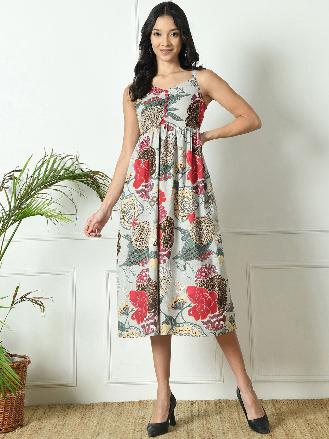 Laado - Pamper Yourself Floral Print A-Line Midi Dress