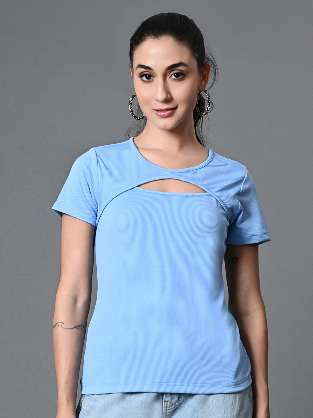 The Roadster Lifestyle Co. Ribbed Women Round Neck Short Sleeves Cut-Out Details Top