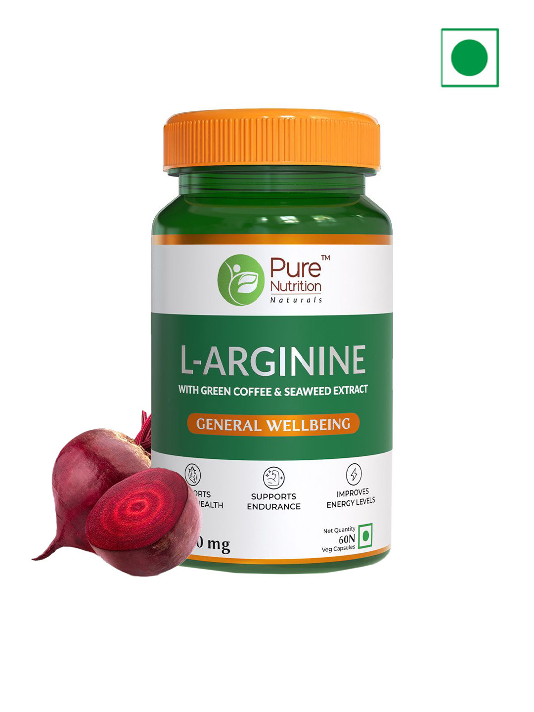 Pure Nutrition L-Arginine Green Coffee & Seaweed Extract Heart Supplements - 60 Capsules