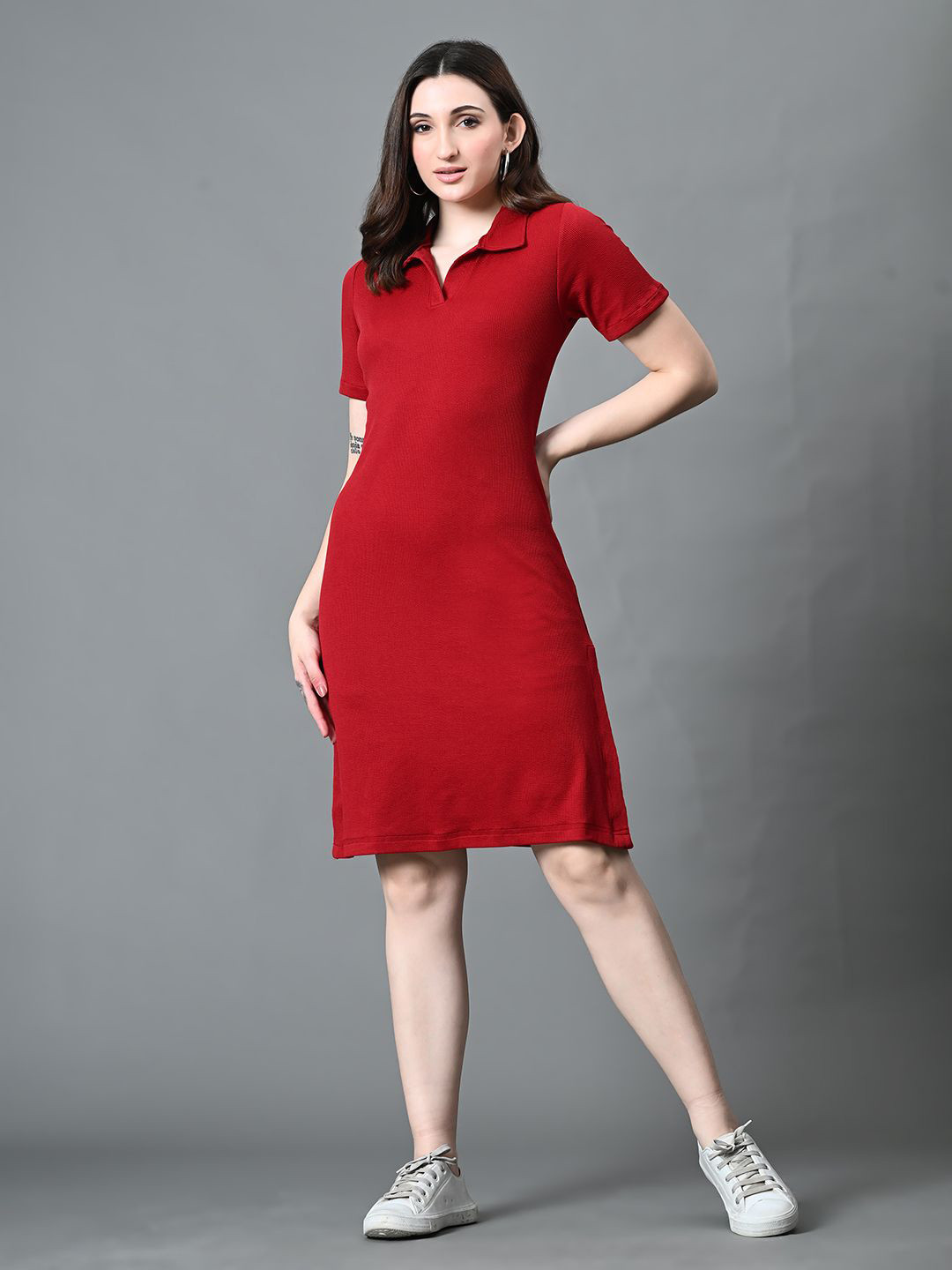 The Roadster Lifestyle Co. Collared Neck Short Sleeves A-Line Ribbed Dresses