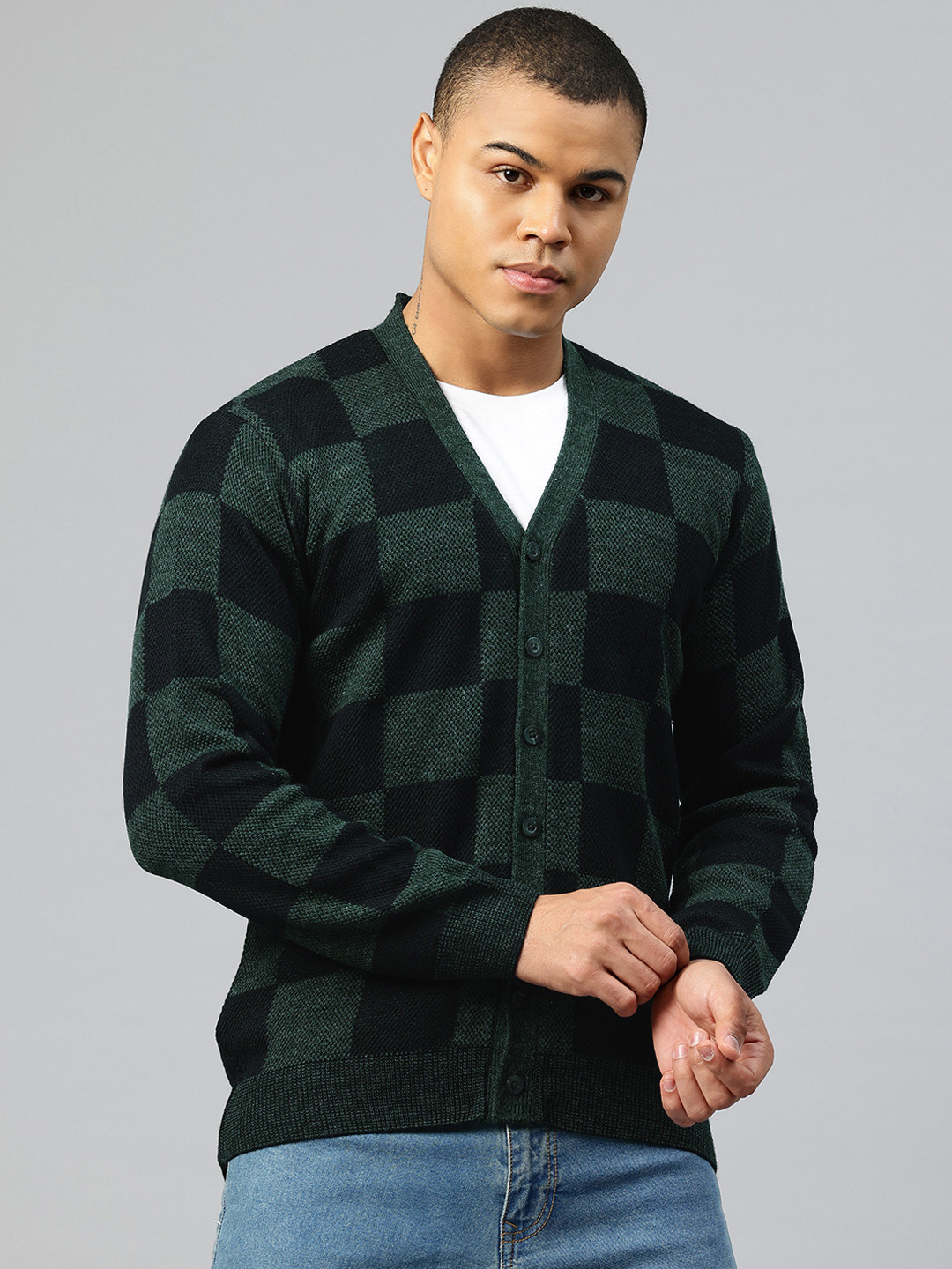 Pierre Carlo Men Checked Colourblocked Acrylic Cardigan