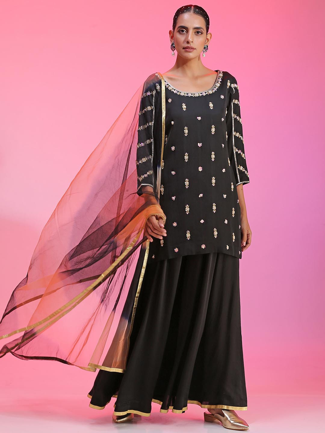 KUDI PATAKA Dhaaree-bl Floral Embroidered Beads & Stones Kurta with Palazzos & Dupatta