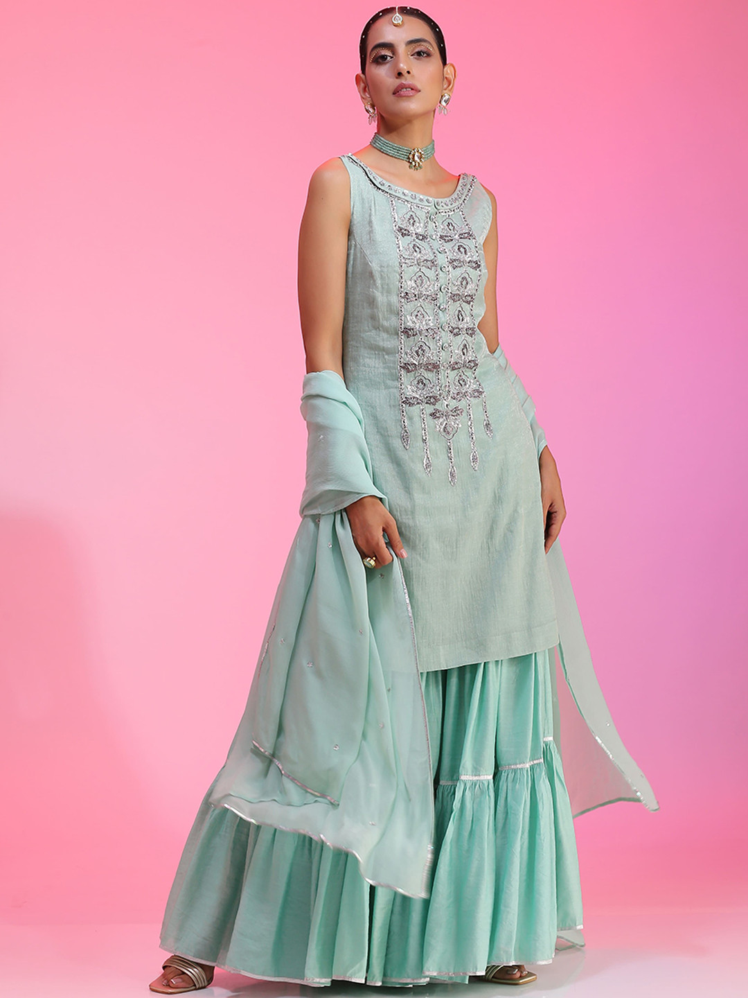 KUDI PATAKA Ethnic Motifs Yoke Design Regular Sequinned Kurta with Sharara & Dupatta