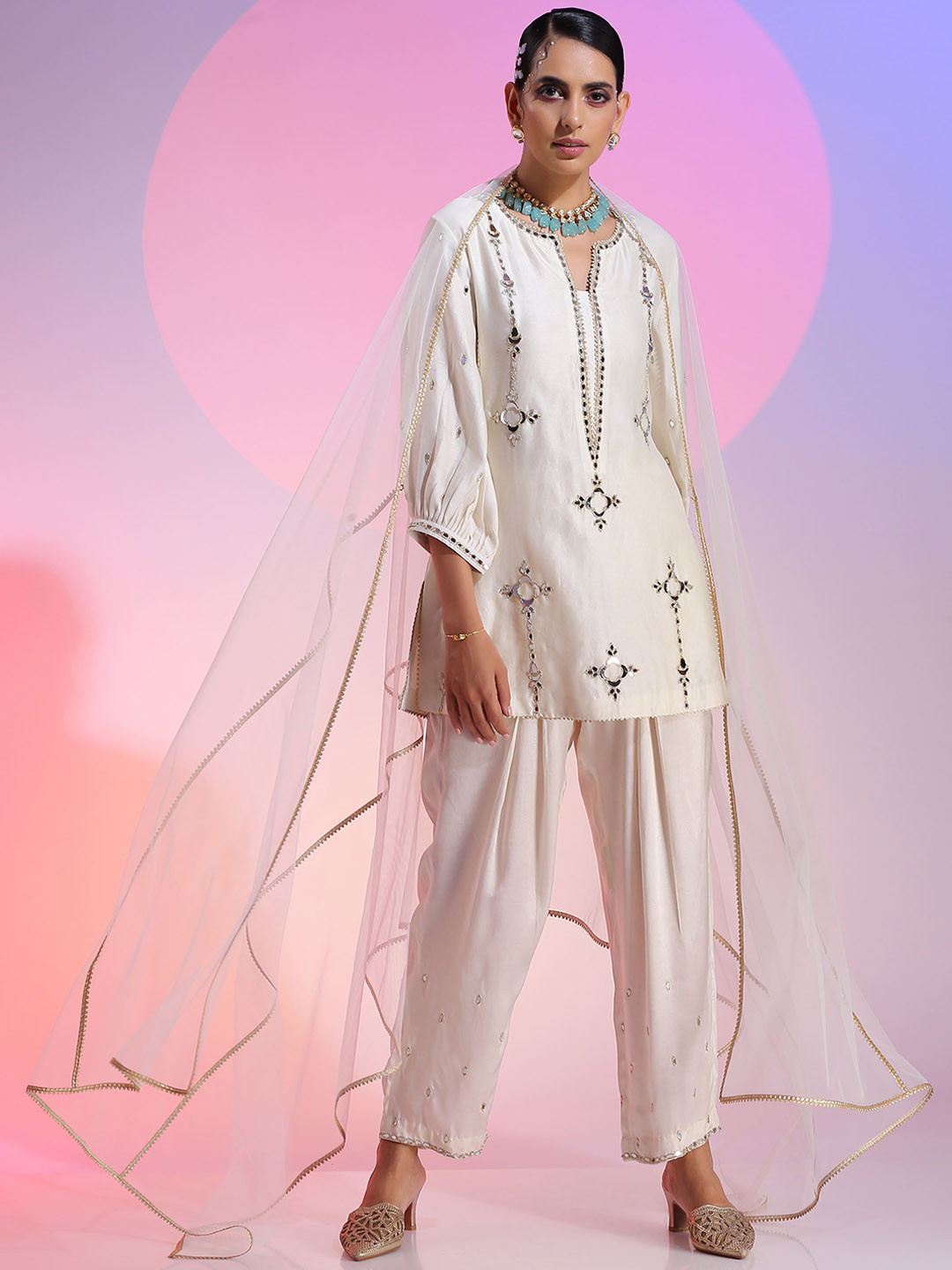 KUDI PATAKA Floral Embroidered Gotta Patti Chanderi Silk Kurti with Trousers & Dupatta