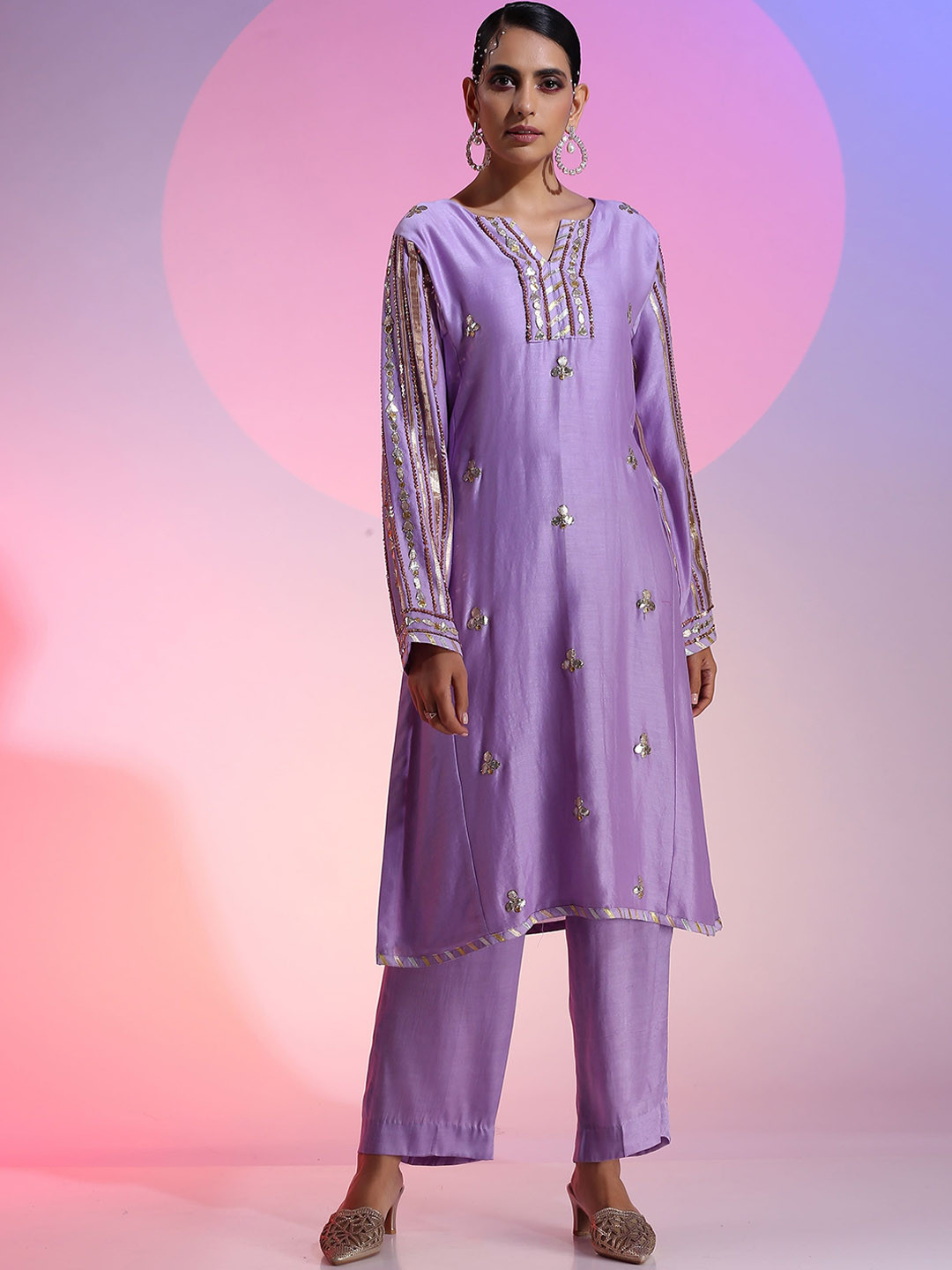 KUDI PATAKA Asmi Floral Embroidered Gotta Patti Chanderi Silk A-Line Kurta with Trousers