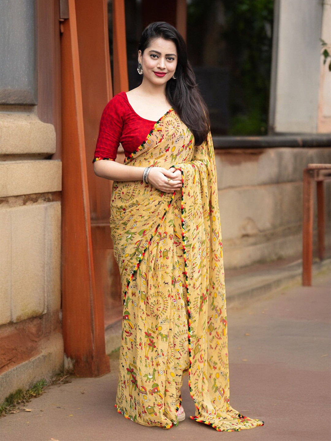 The Textile Hub Warli Art Pompom Border Saree with Blouse
