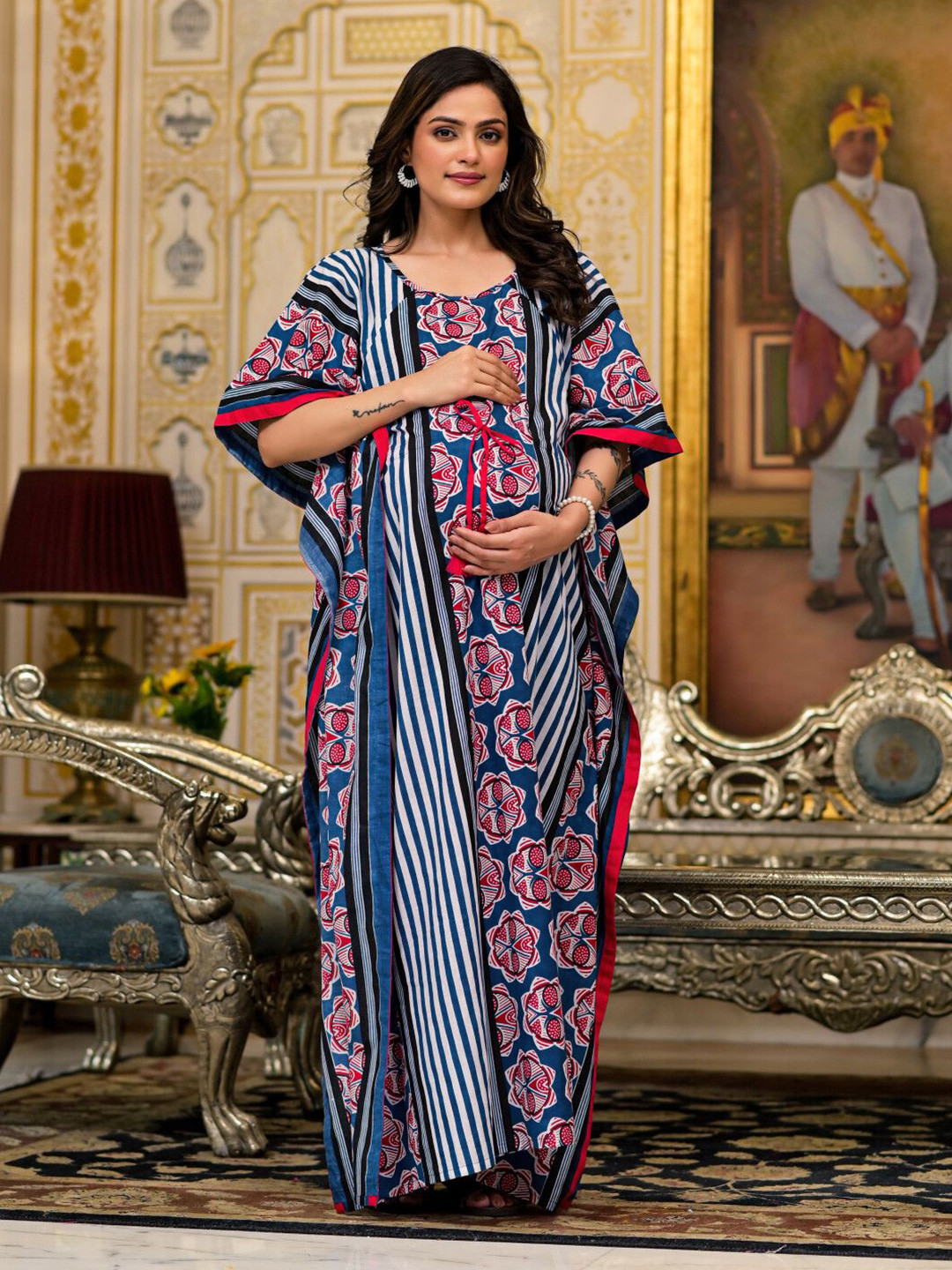 Aujjessa Print Flared Sleeve Maternity Kaftan Maxi Dress