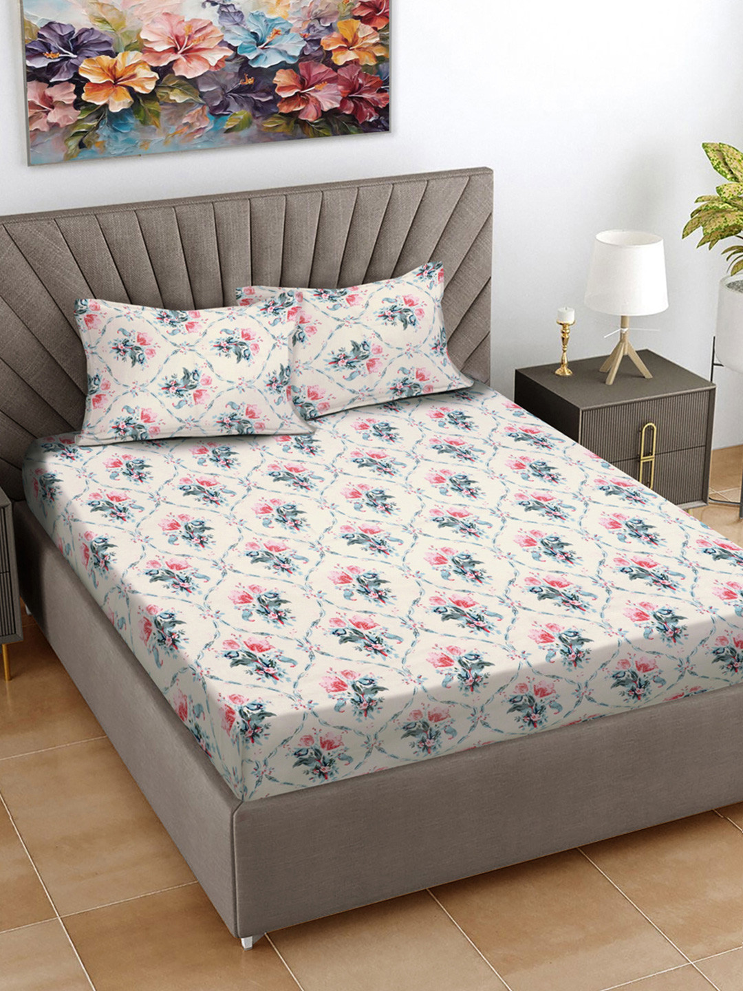 FABINALIV White Floral Polycotton 300 TC King Fine Bedsheet with 2 Pillow Covers-98 x 89 inches