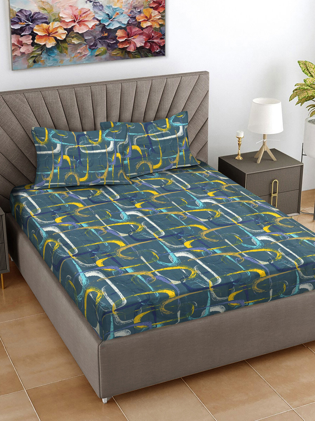 FABINALIV Green Abstract Polycotton 300 TC King Fine Bedsheet with 2 Pillow Covers-250 x 225 cm