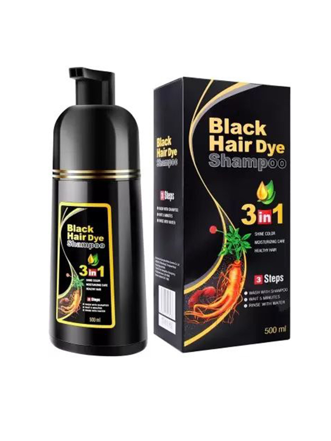 zemglam 3-In-1 Black Hair Dye Shampoo with Ginseng & Black Sesame - 500 ml