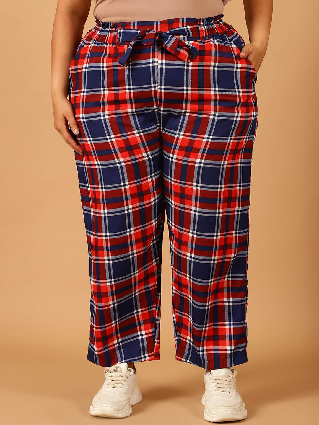 COLOR STUDIO Women Plus Size Checked Comfort Wrinkle Free Trousers