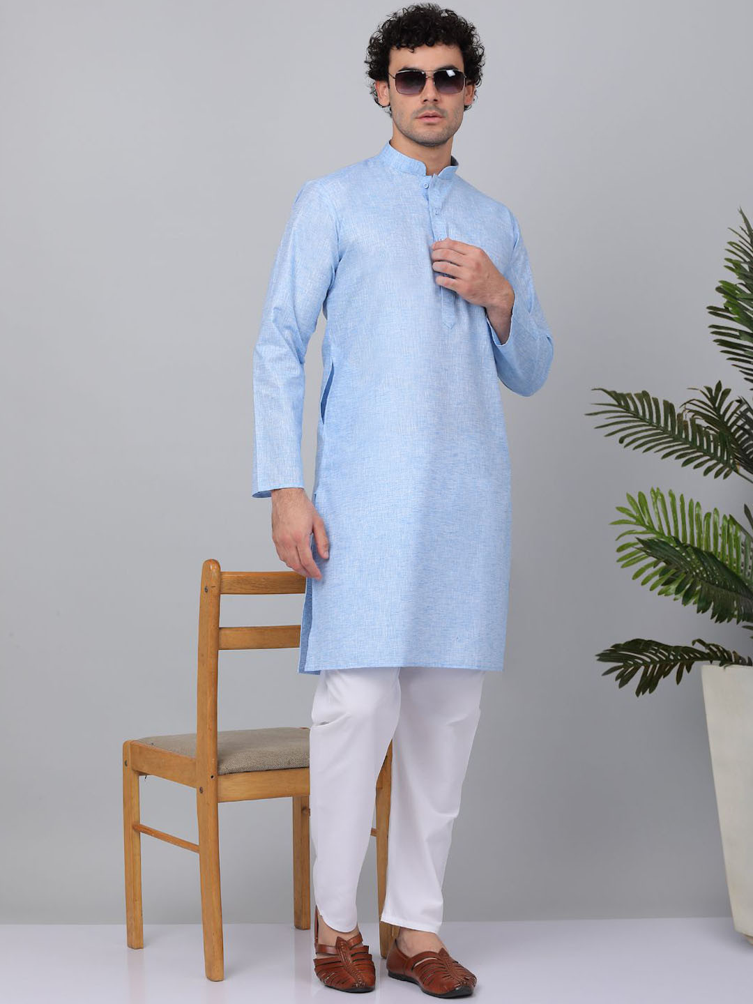 KRAFT INDIA Mandarin Collar Regular Linen Kurta with Pyjamas