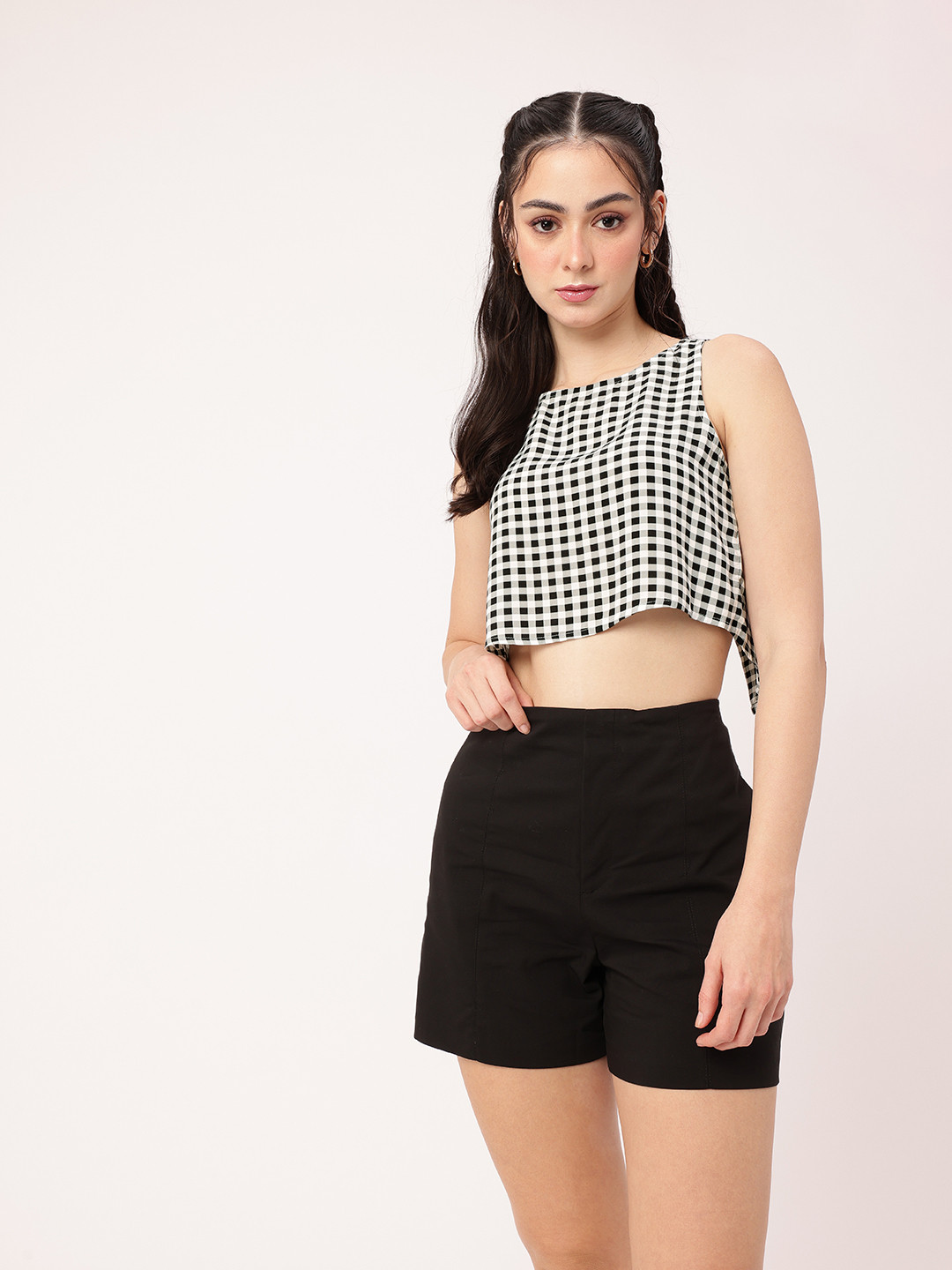 DressBerry Checkered Slit Back Crop Top