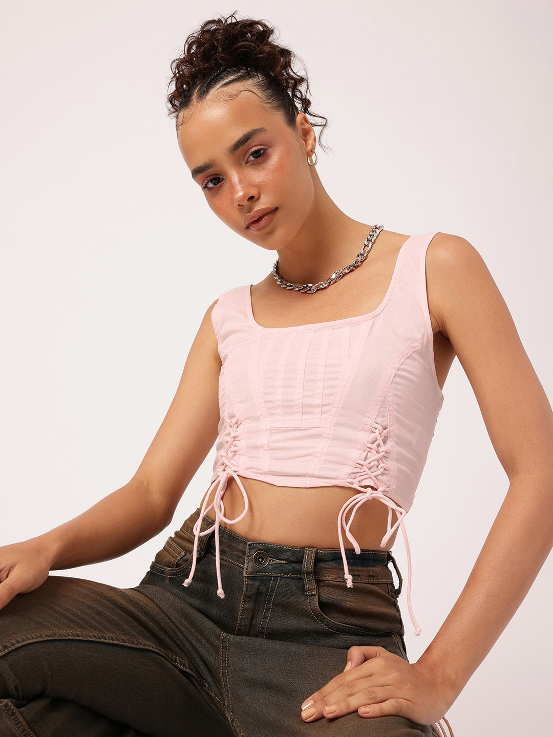 DressBerry Lace-Ups Smocked Corset Crop Top