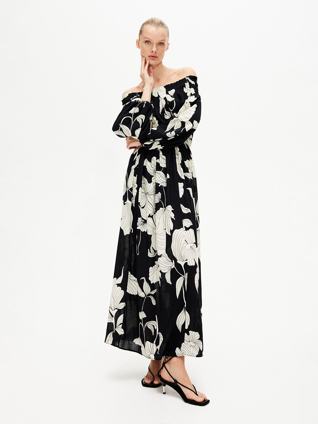 H&M Floral Printed Smocked Off-Shoulder Maxi Dress