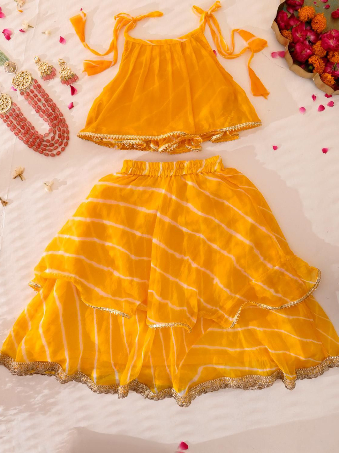 Rangpur Girls Leheriya Printed Gotta Patti Shoulder Straps Ready to Wear Lehenga & Choli