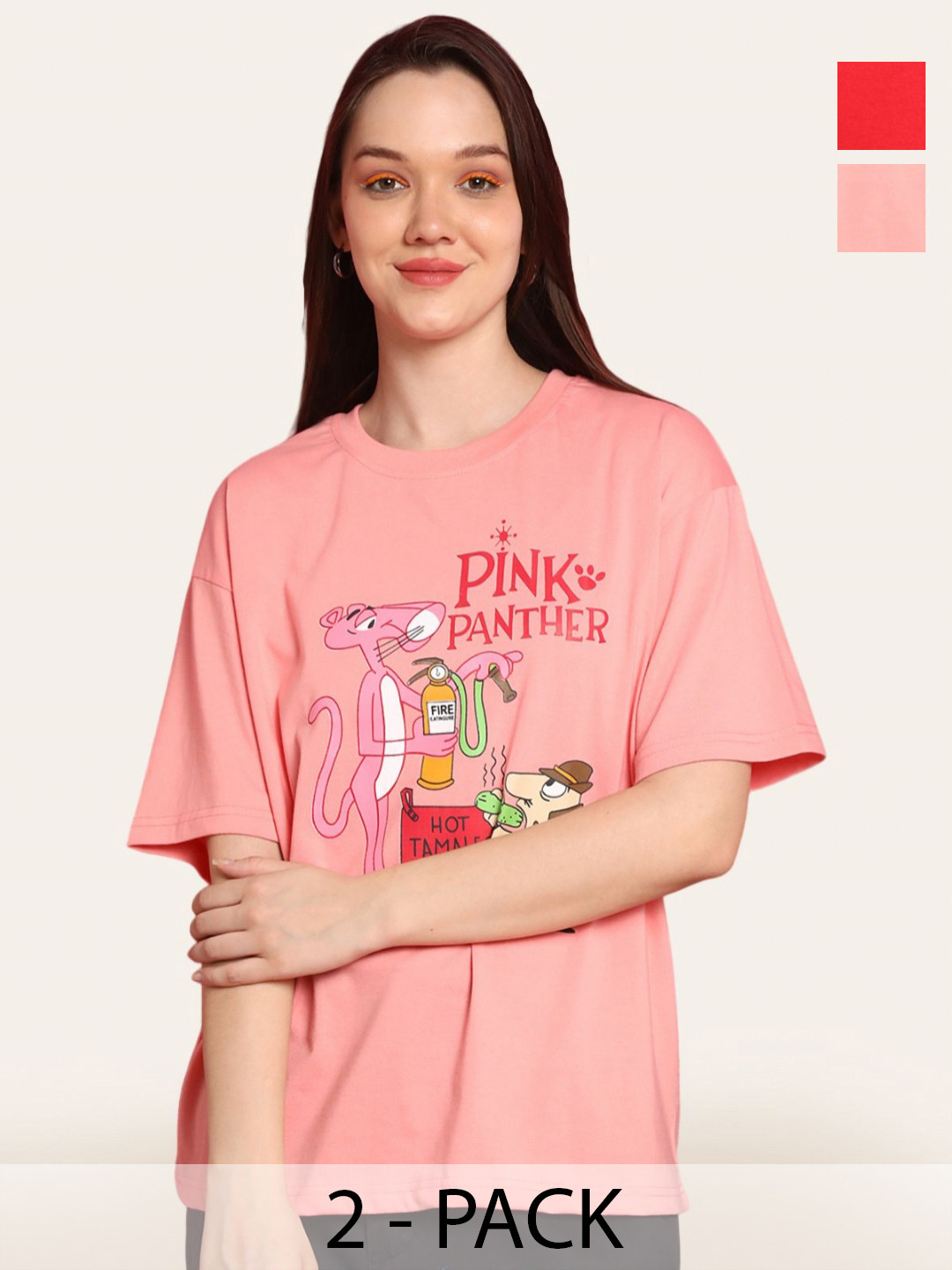 Fabflee Women Pack Of 2 Graphic Printed Round Neck Cotton Oversized T-shirt