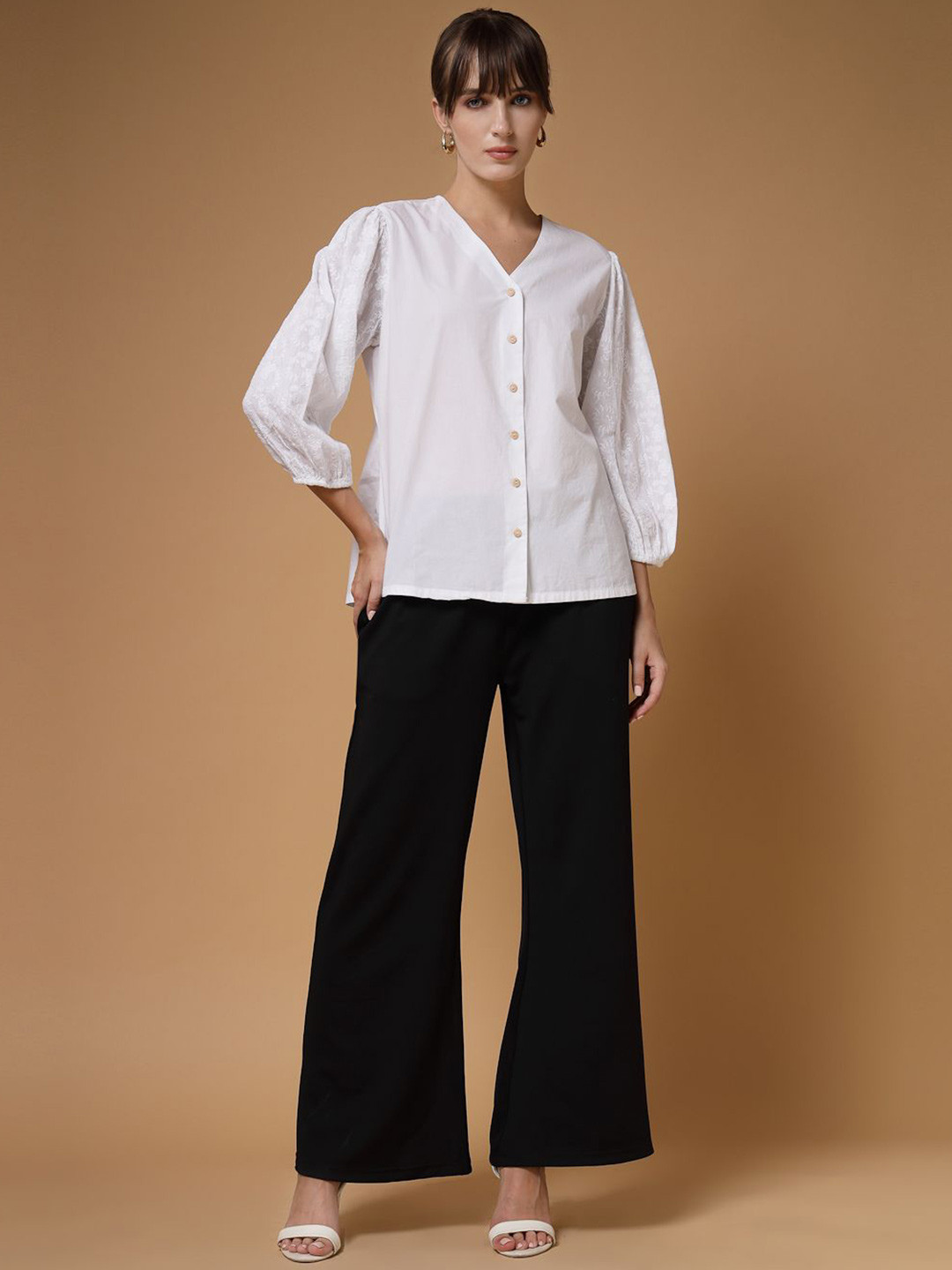 VESTIDO MODAS Schiffli V-Neck Puff Sleeves Shirt With Trousers