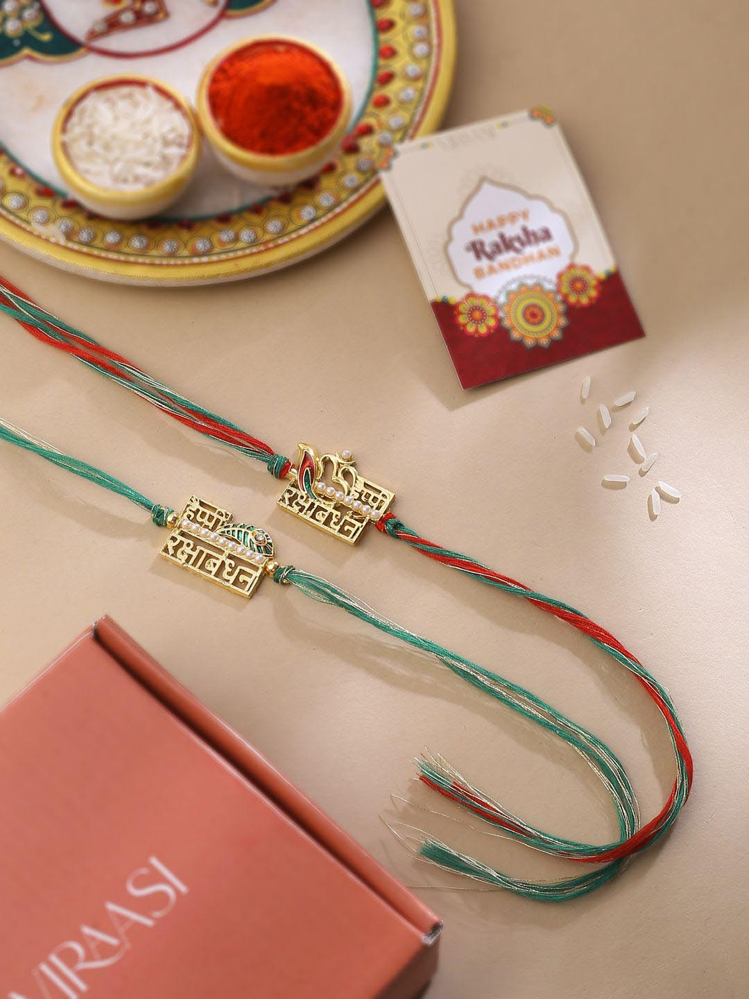 VIRAASI 4-Pcs Bhai Rakhi With Perfume & Card With Roli Chawal