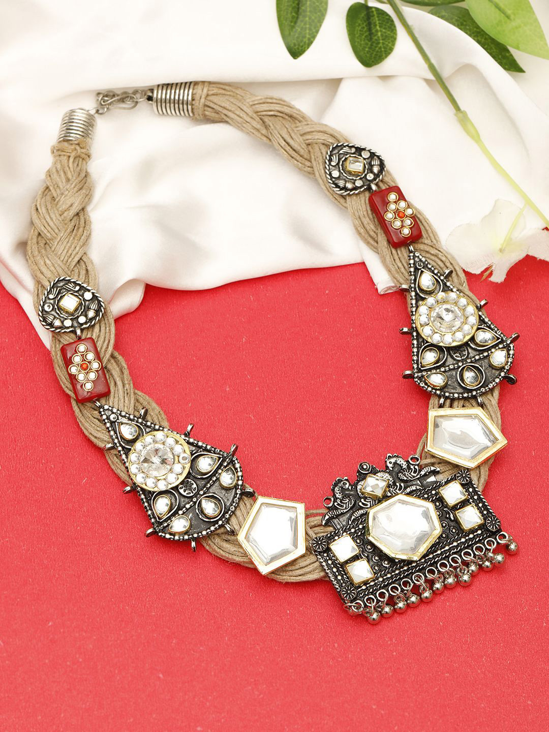 VIVAZS Brass And Jute Oxidised Silver Polki Studded Crochet Necklace