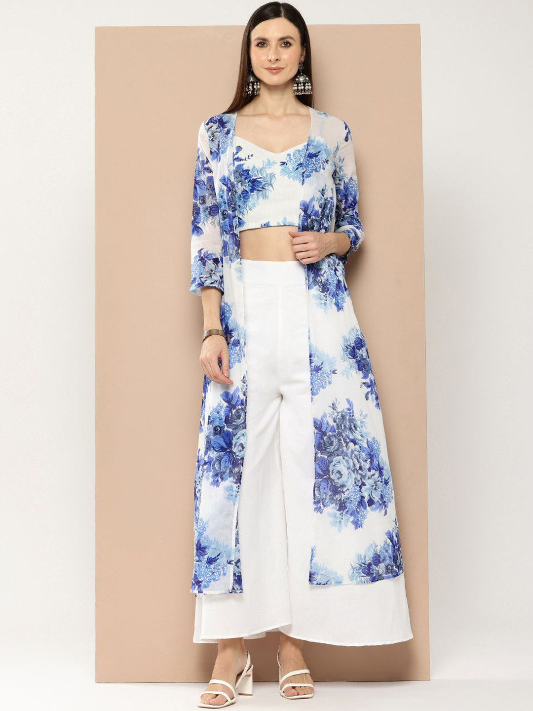 Purple State Printed Crop Top & Palazzo With Shrug
