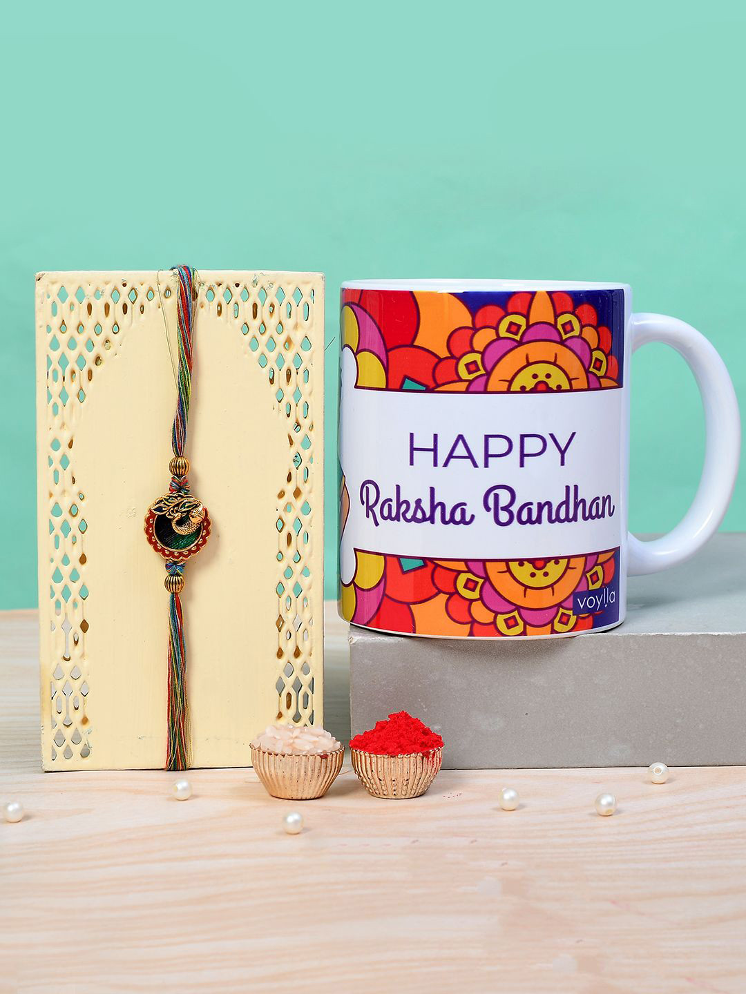 Voylla Set of 2 Peacock Thread Rakhi With Mug & Roli Chawal