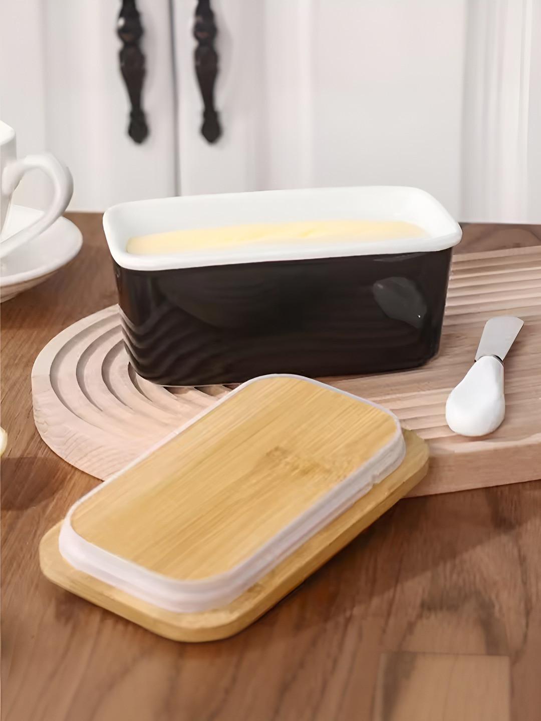 Umai Butter Dish Black Ceramic Dishwasher Safe Flip Top Canister-600ml