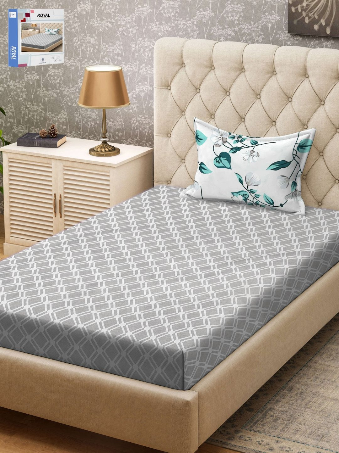 KLOTTHE Book Fold Grey Geometric Cotton 300 TC Single Fine Bedsheet with a Pillow Cover-89 x 59 inches