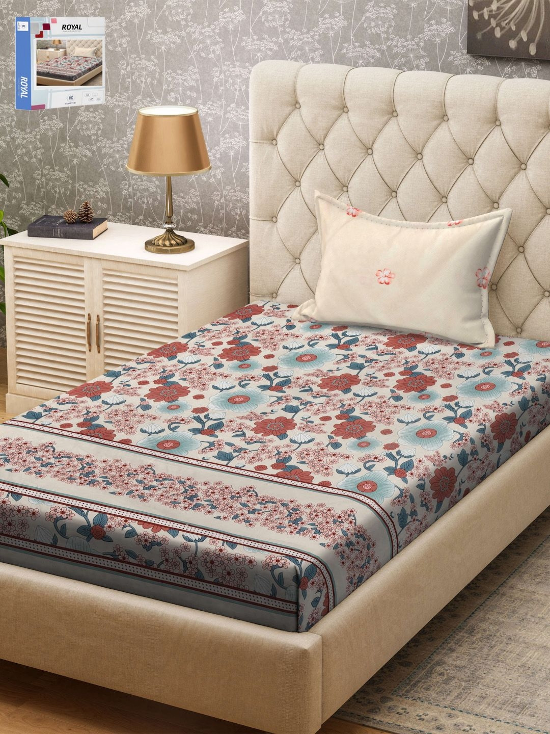 KLOTTHE Bookfold Brown Floral Pure Cotton 300 TC Single Fine Bedsheet with a Pillow Cover-89 x 59 inches