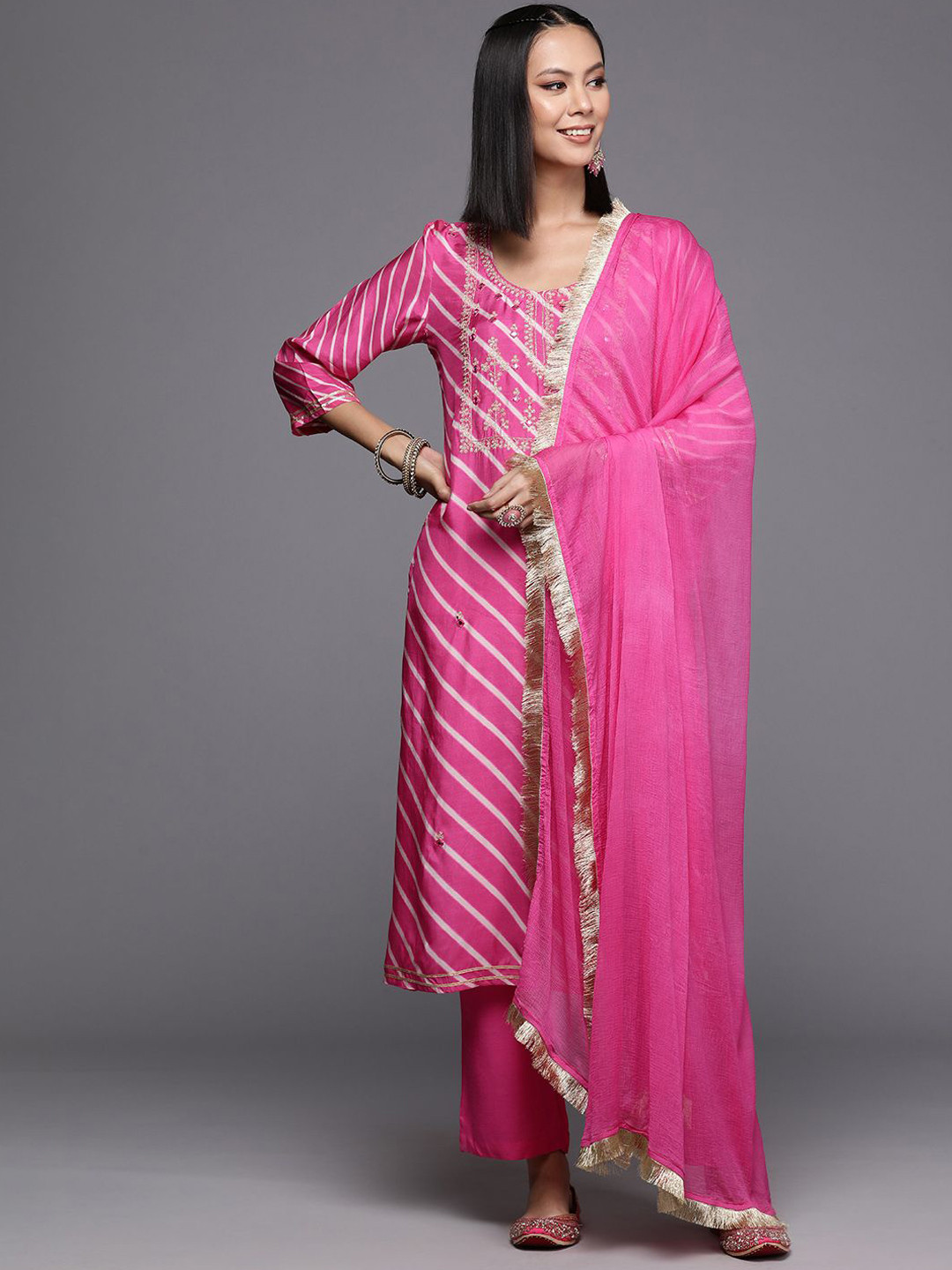 Varanga Leheriya Printed Mirror Work Pure Cotton Straight Kurta & Trousers With Dupatta