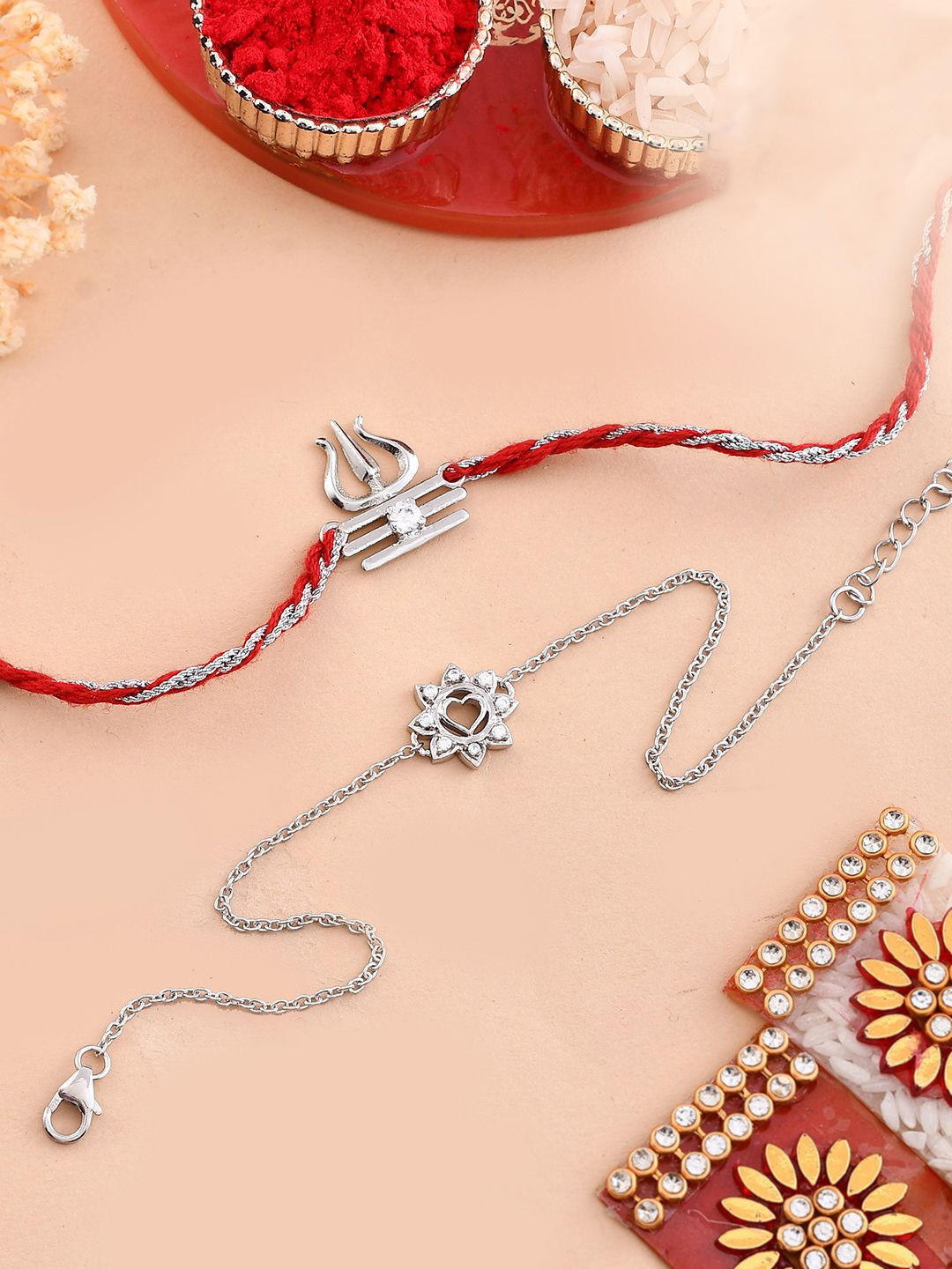 Studio Voylla Set Of 2 925 Sterling Silver Trishul Bhaiya Bhabhi Rakhi With Roli Chawal