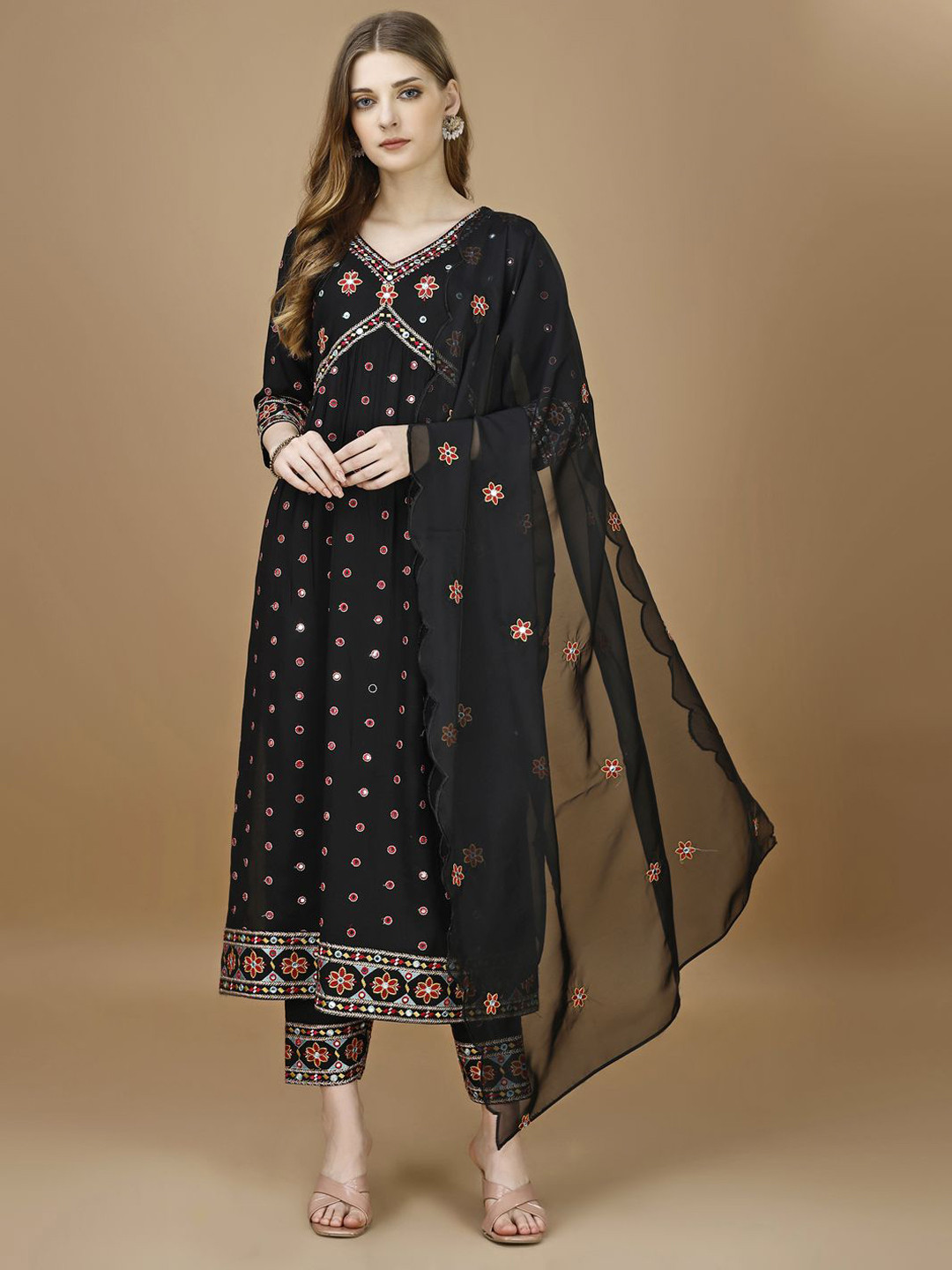 KALINI Floral Embroidered Alia Cut Mirror Work Empire A-Line Kurta with Trousers & Dupatta