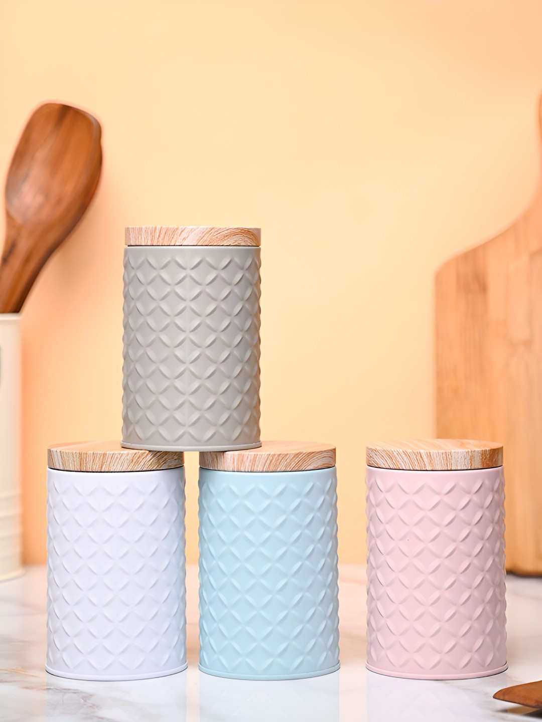 MARKET99 Blue & Pink 4 Pieces Textured Metal Jar Container 507 ml Each