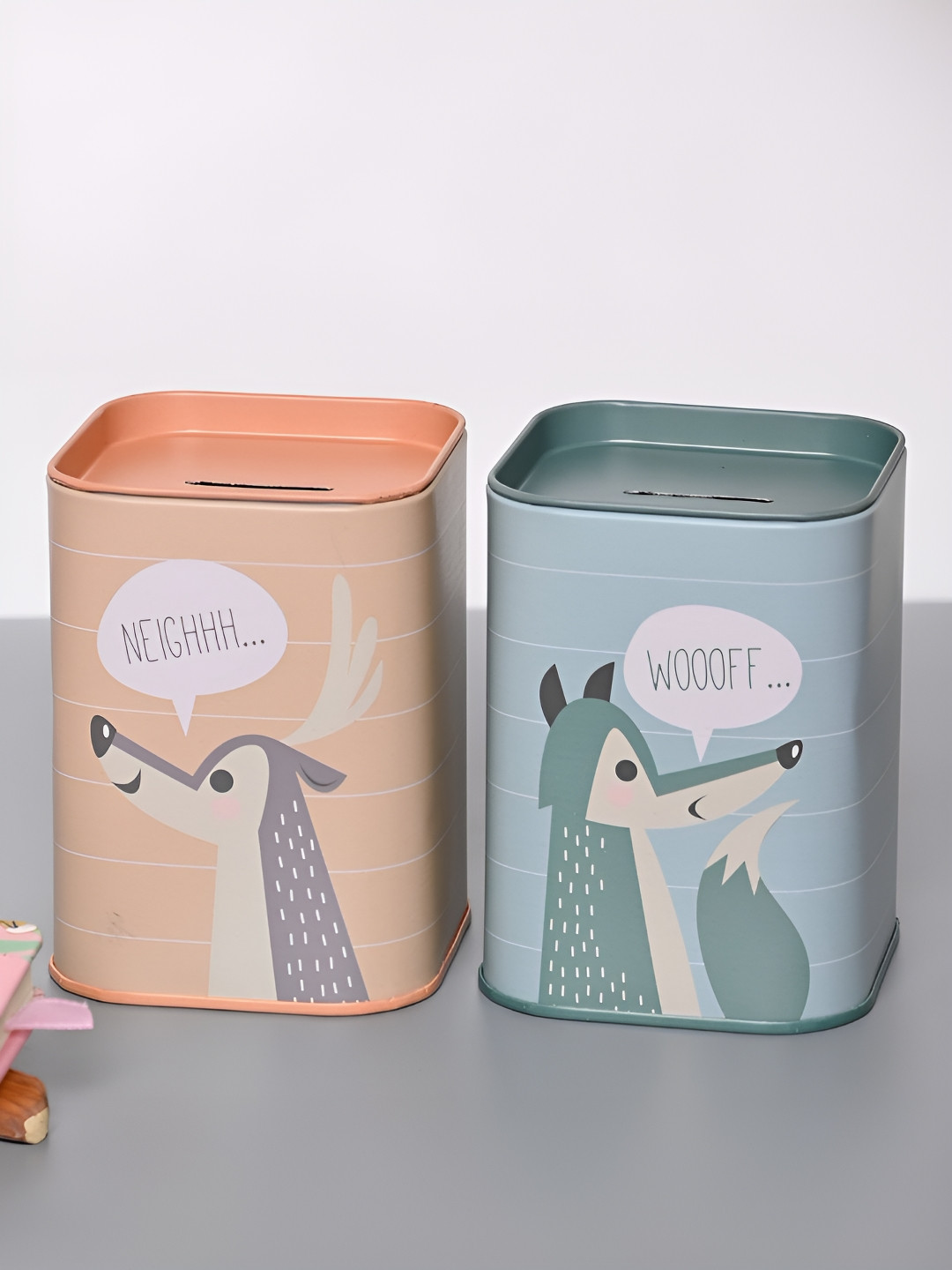 MARKET99 Beige & Grey 2 Pieces Printed Metal Piggy Banks