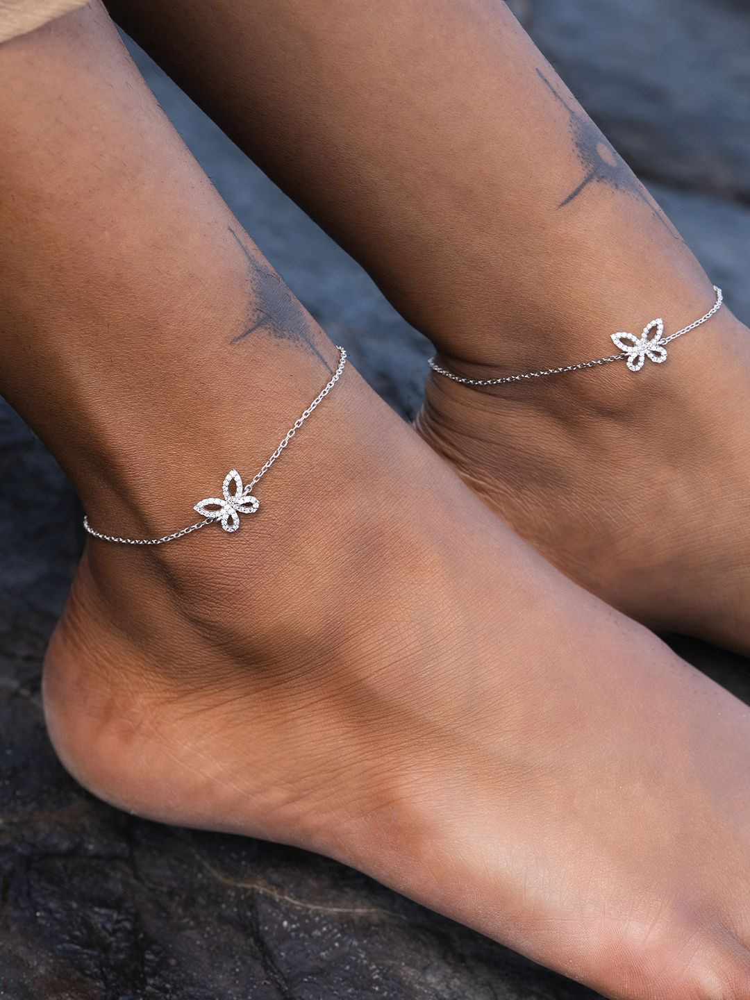 SHAYA Rhodium-Plated Cubic Zircon-Studded Anklet