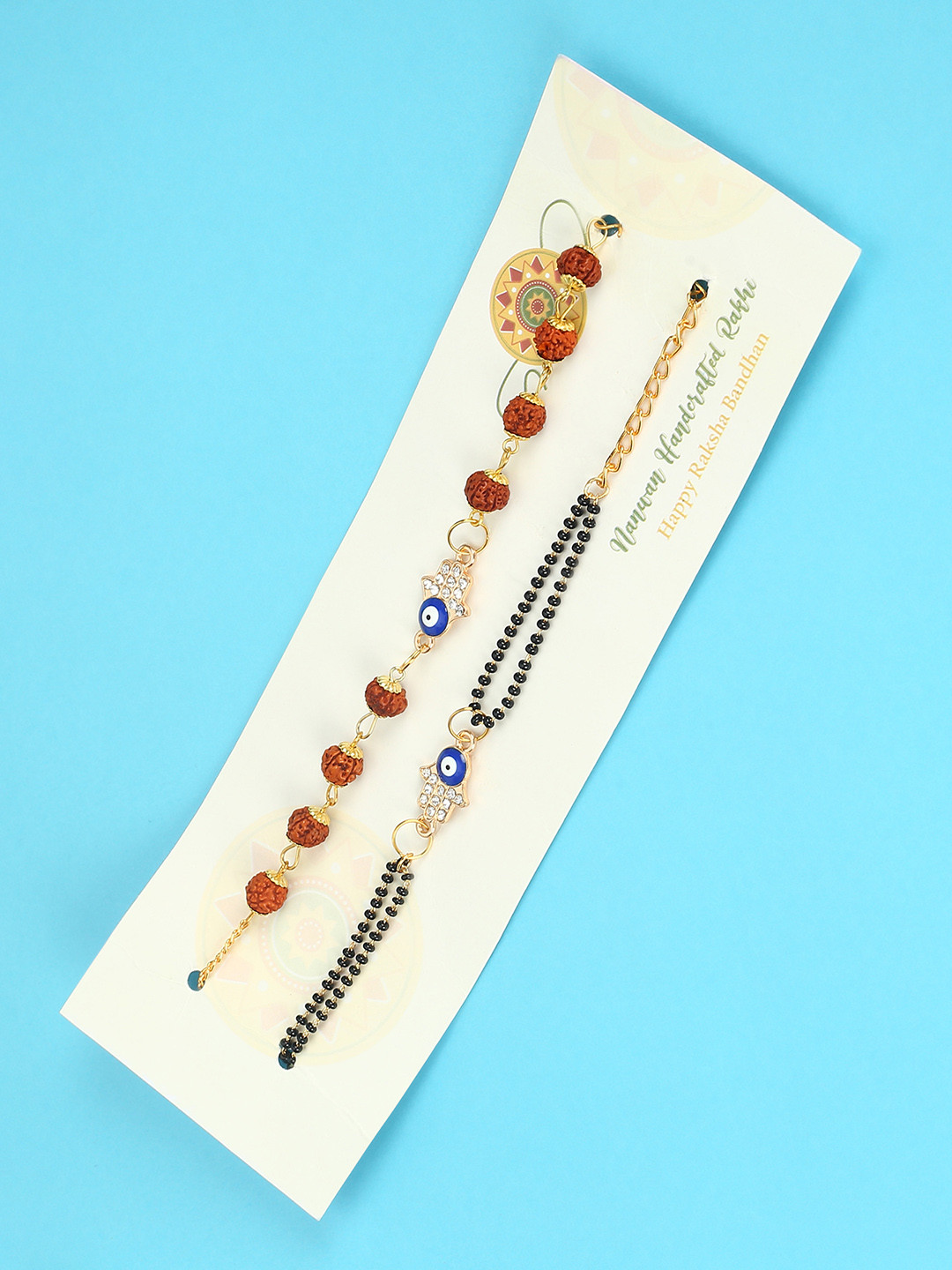 Nanwan Set of 2 Assorted Evil Eye Charm Studded Bhaiya Bhabhi Rakhi Gift Set