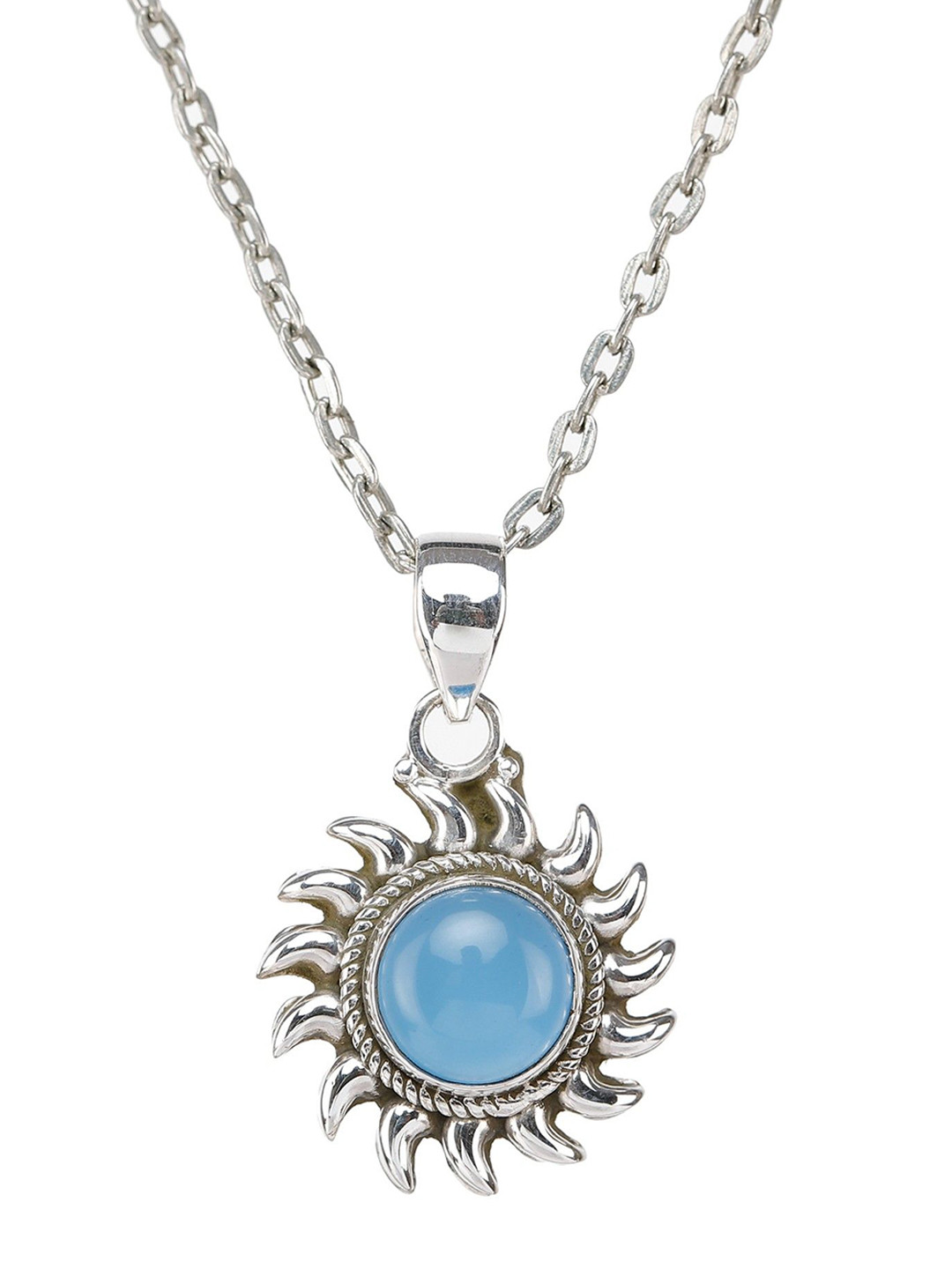 Exotic India Precious Sky Blue Chalcedony Gemstone Sterling Silver Sun Pendant