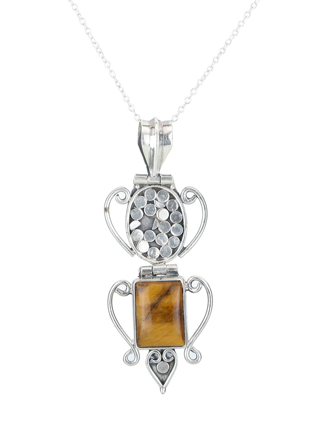 Exotic India Tiger-Eye Rectangular Stone Sterling Silver Long Pendant