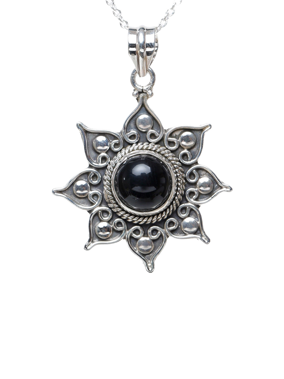 Exotic India Black Onyx Gemstone Round Cut Sterling Silver Flower Pendant