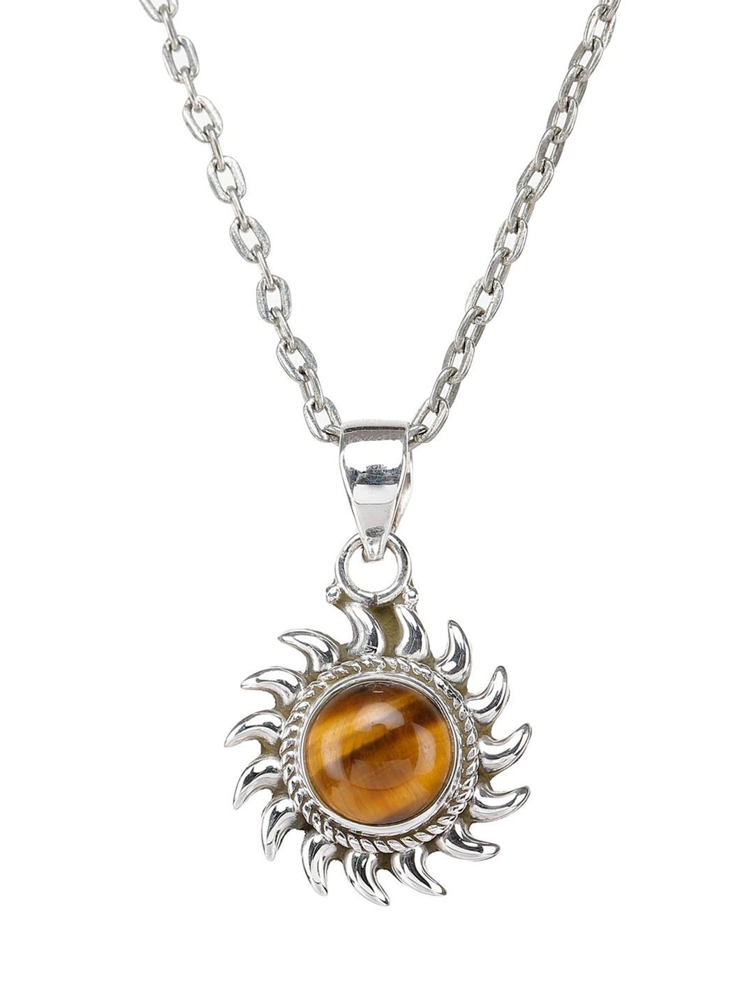 Exotic India Precious Tiger Eye Gemstone Sterling Silver Sun Pendant