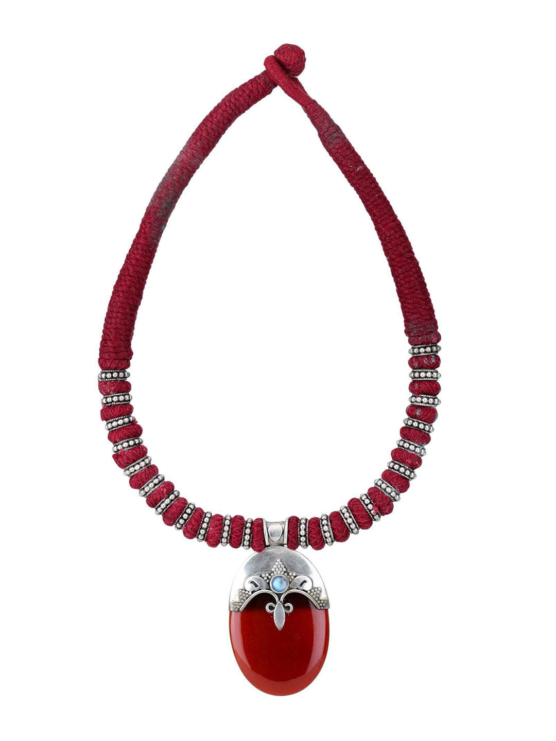 Exotic India Carnelian Gemstone Sterling Silver Pendant with Rope Necklace