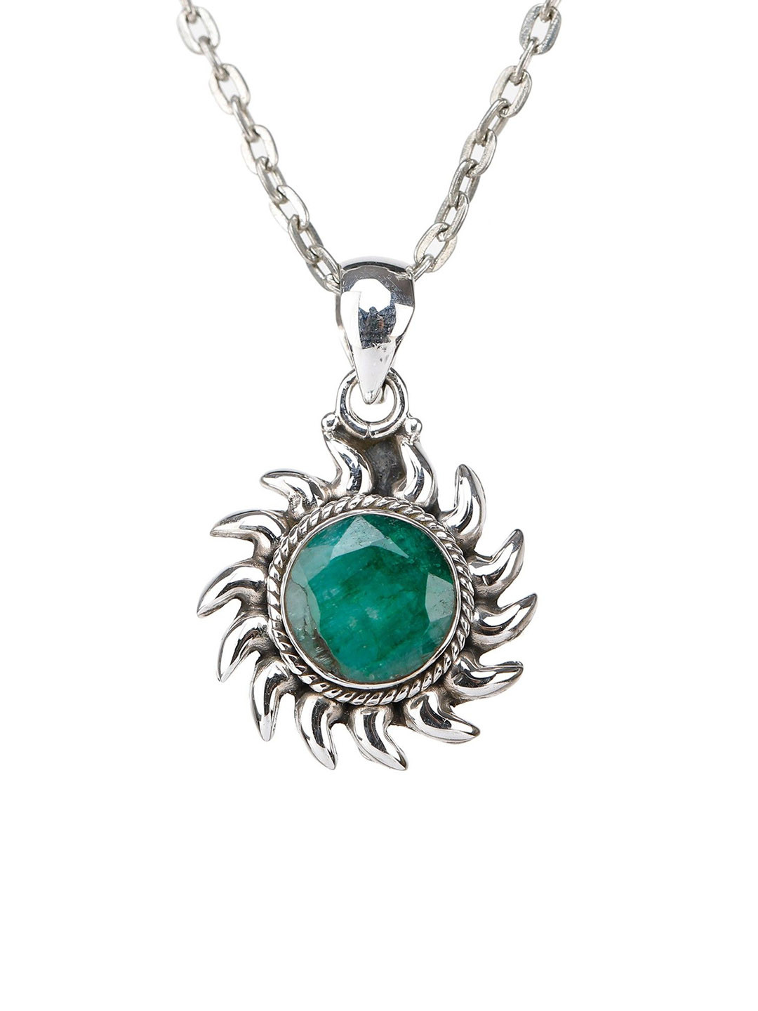 Exotic India Faceted Emerald Gemstone Sterling Silver Pendant