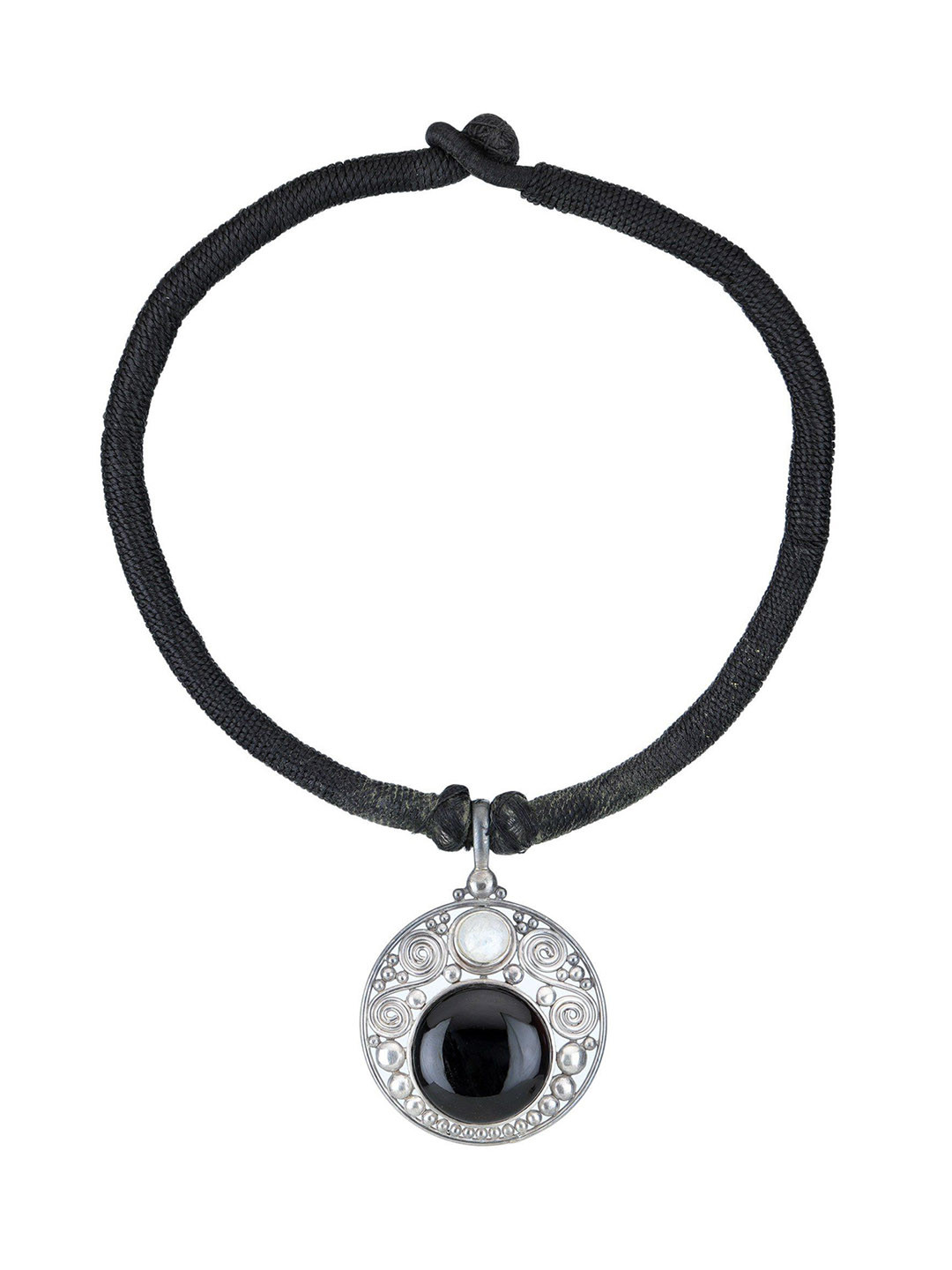 Exotic India Black Onyx Gemstone Sterling Silver Round Pendant with Rope Necklace