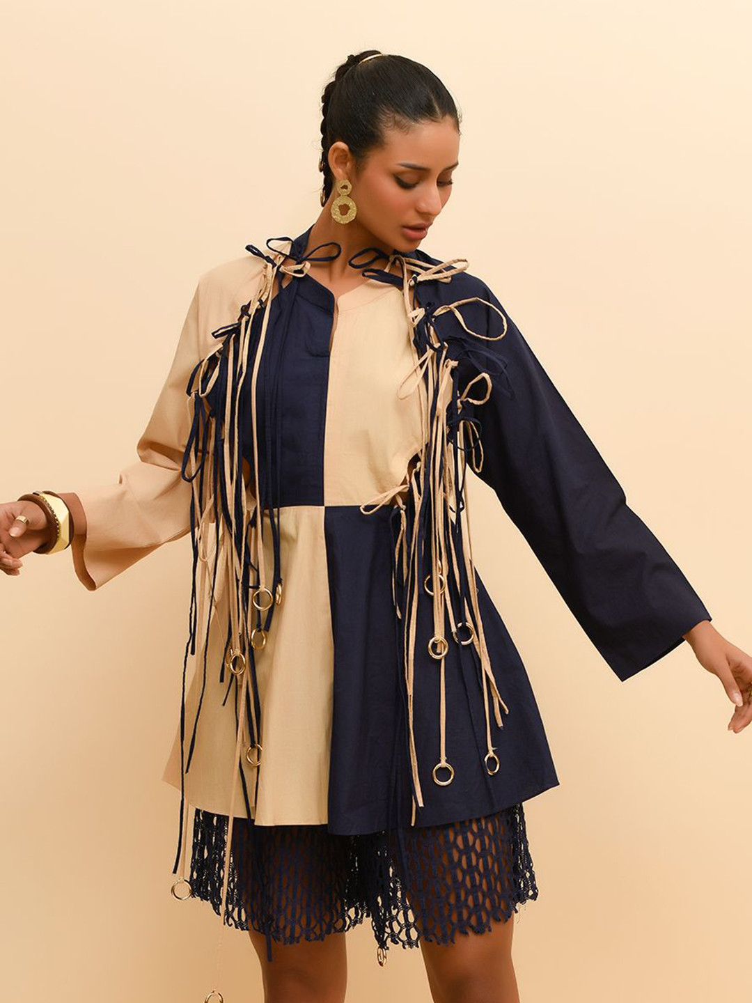 R.Y by Rishi and Vibhuti Women Printed V-Neck Long Sleeves A-Line Dress