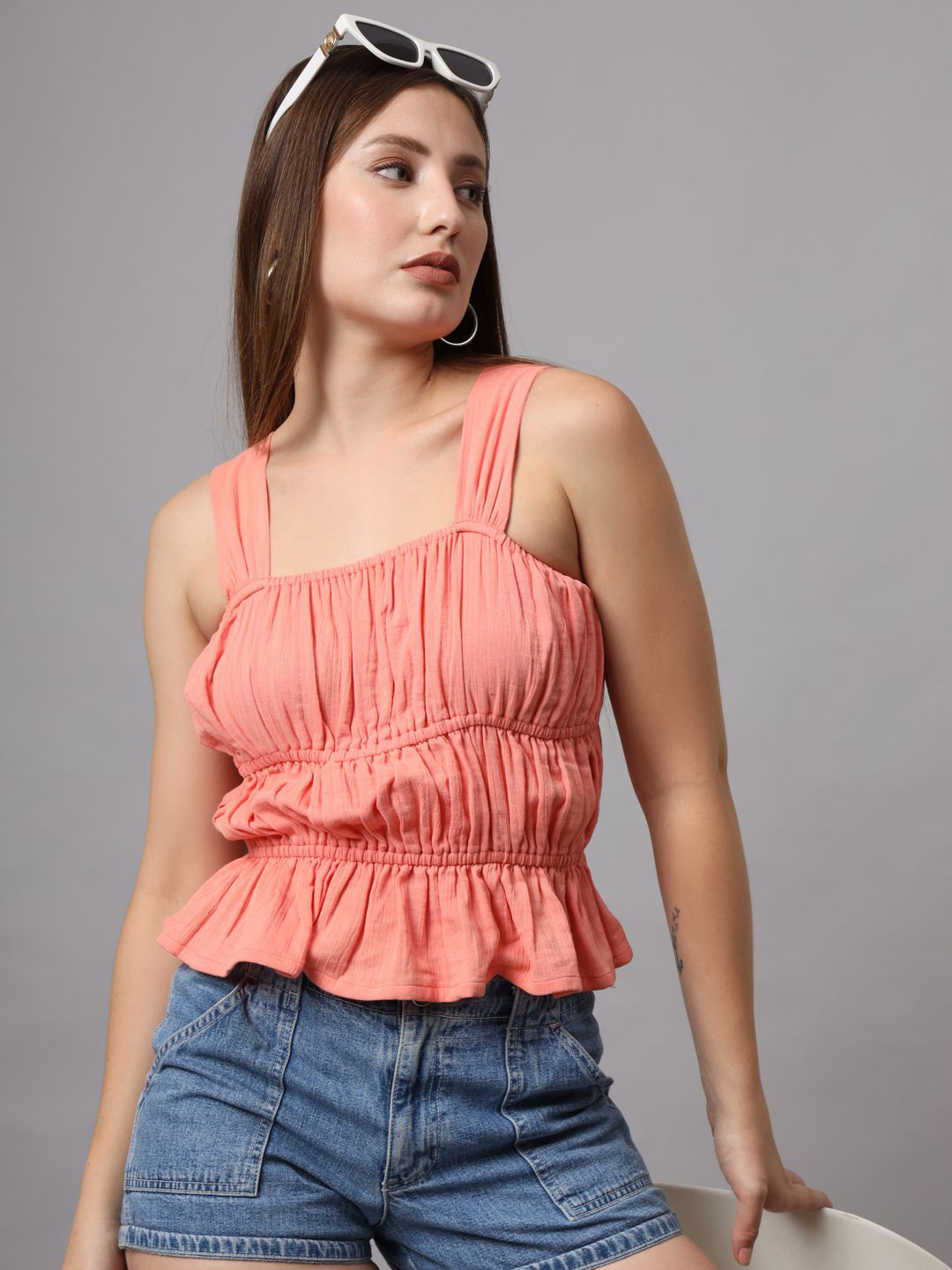 CHARMGAL Women Cotton Cinched Waist Peplum Top
